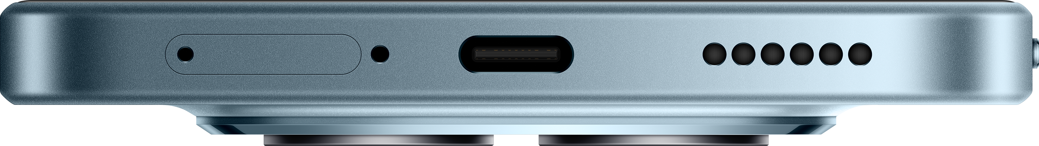 Nahaufnahme der Unterkante eines Telefons. Es hat einen USB-C-Anschluss, ein Mikrofon, Lautsprecherlöcher und einen SIM-Kartensteckplatz.