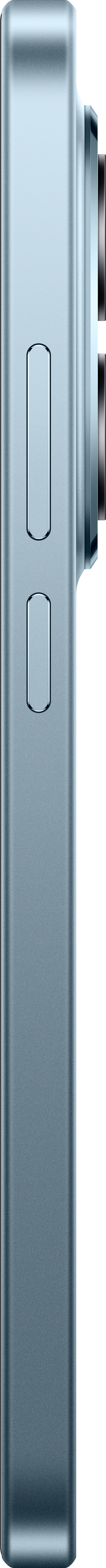 Seitenansicht eines blauen, rechteckigen Geräts mit zwei Knöpfen und einem Linsenbereich.