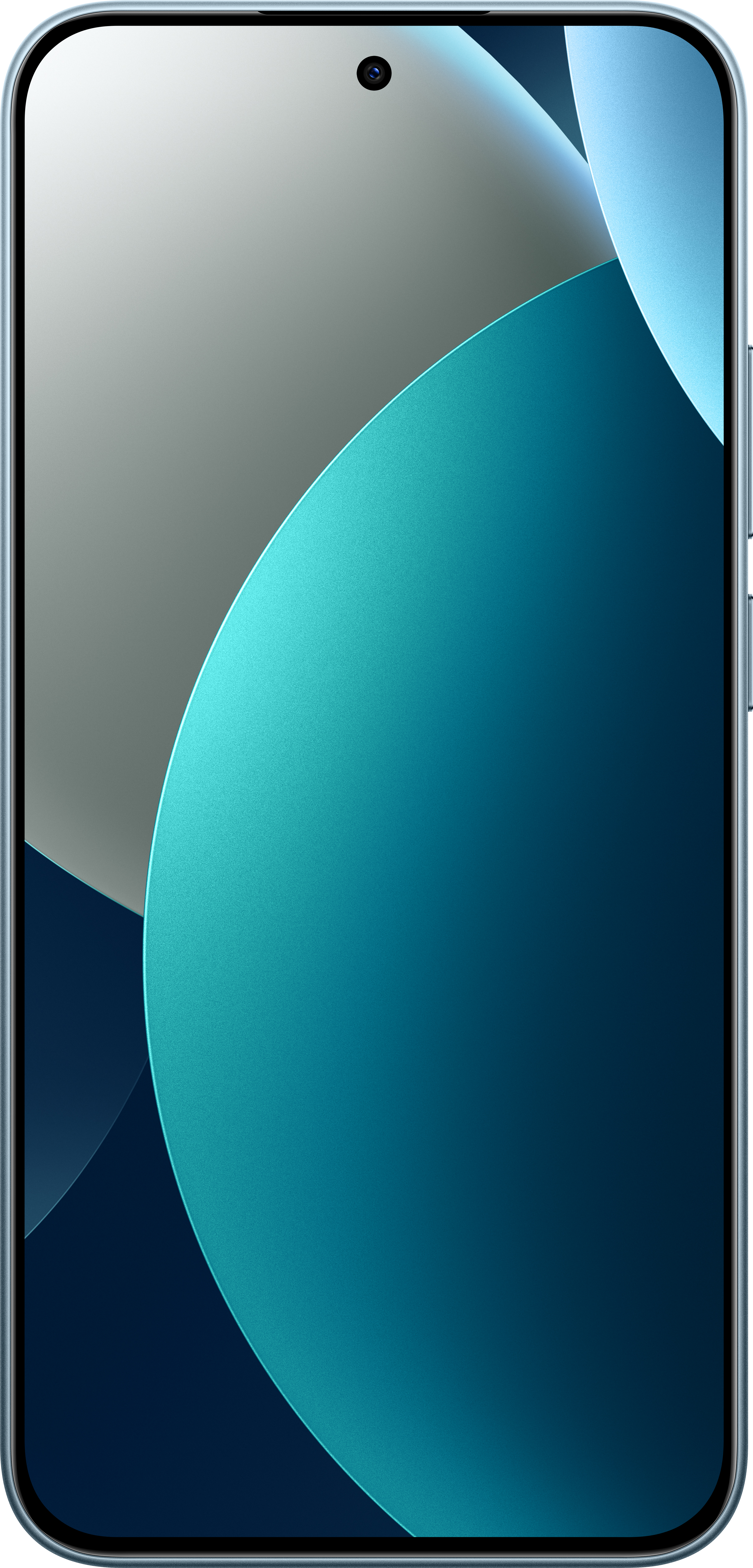 Smartphone-Bildschirm mit blauem Farbverlauf. Oben ist eine Kamera sichtbar. Das Telefon hat einen Metallrahmen.