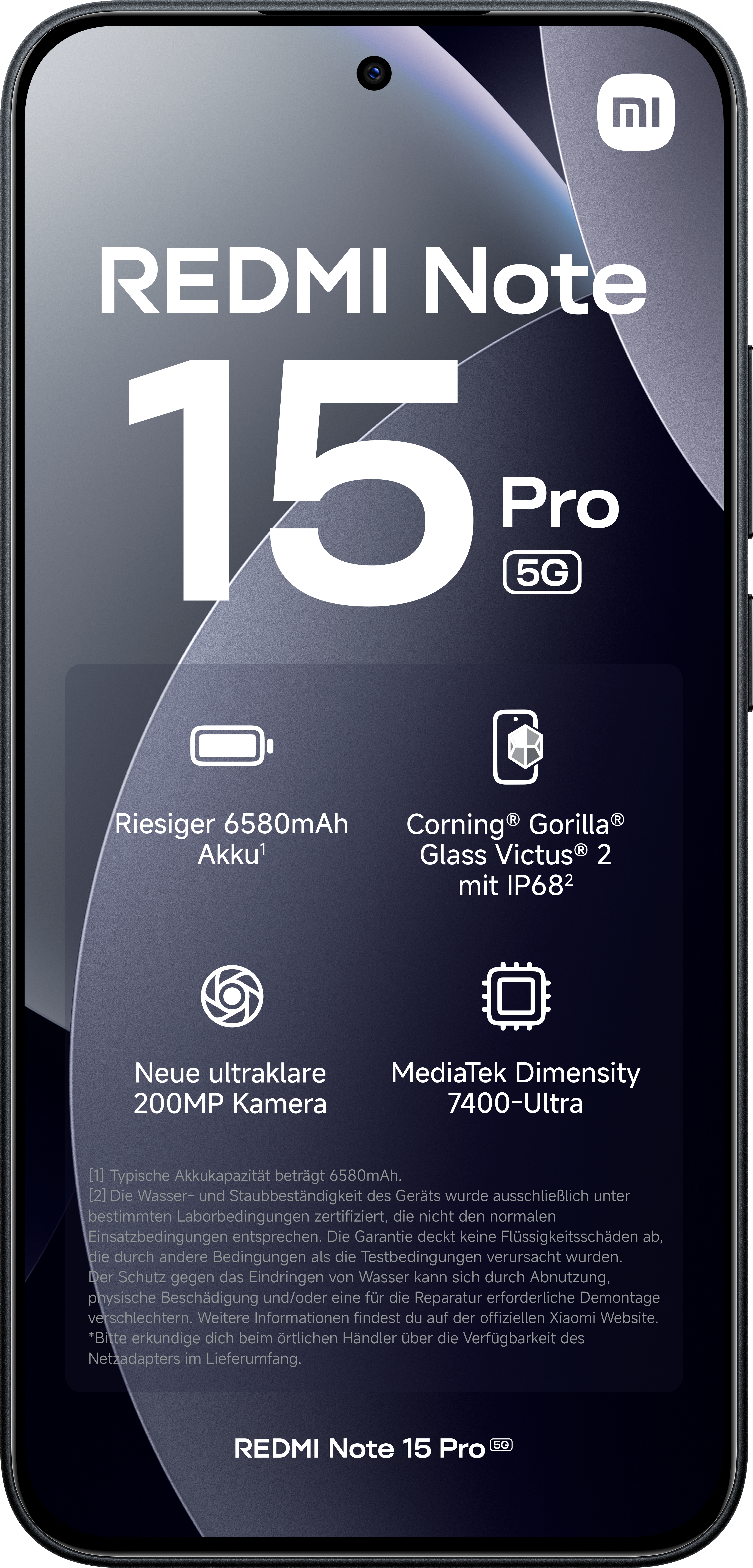 Ein Telefonbildschirm mit dem Redmi Note 15 Pro 5G: 6580mAh Akku, Gorilla Glass, 200MP Kamera und MediaTek Prozessor.