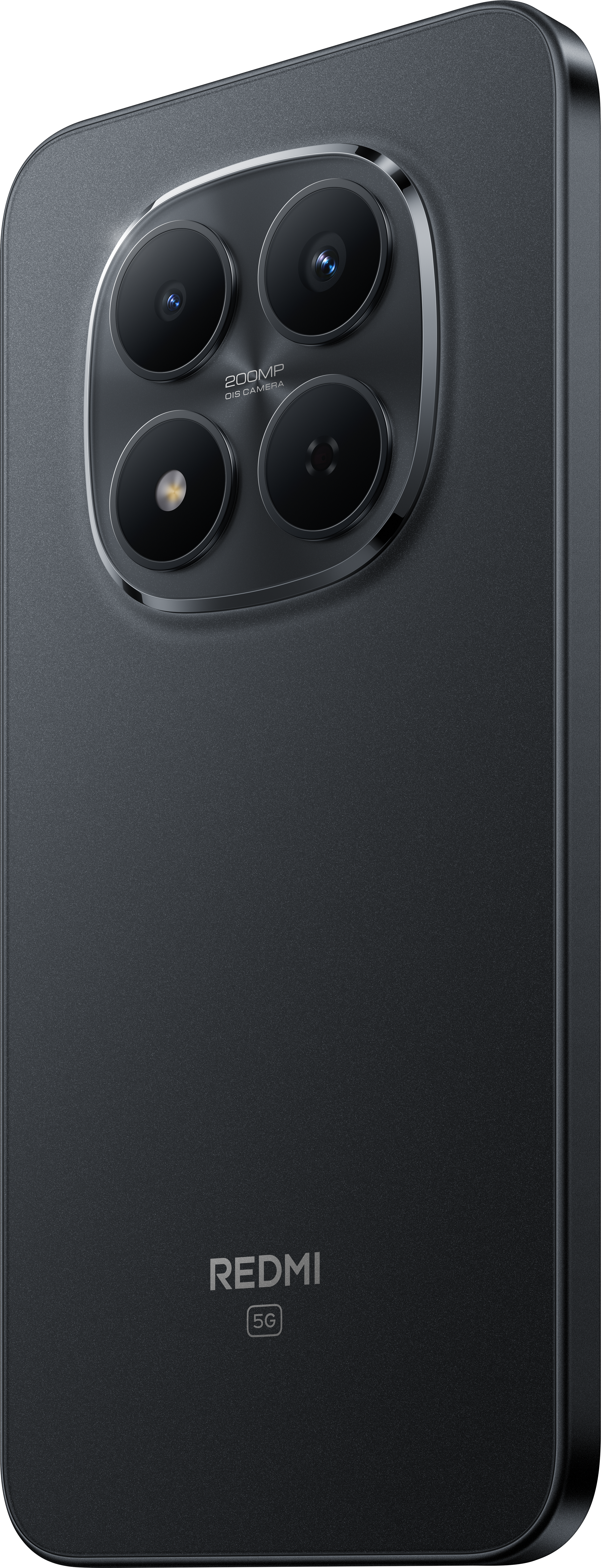 Schwarze Redmi-Telefonrückseite. Vier Kameralinsen, 200MP OIS Kamera-Label. Redmi 5G Logo.