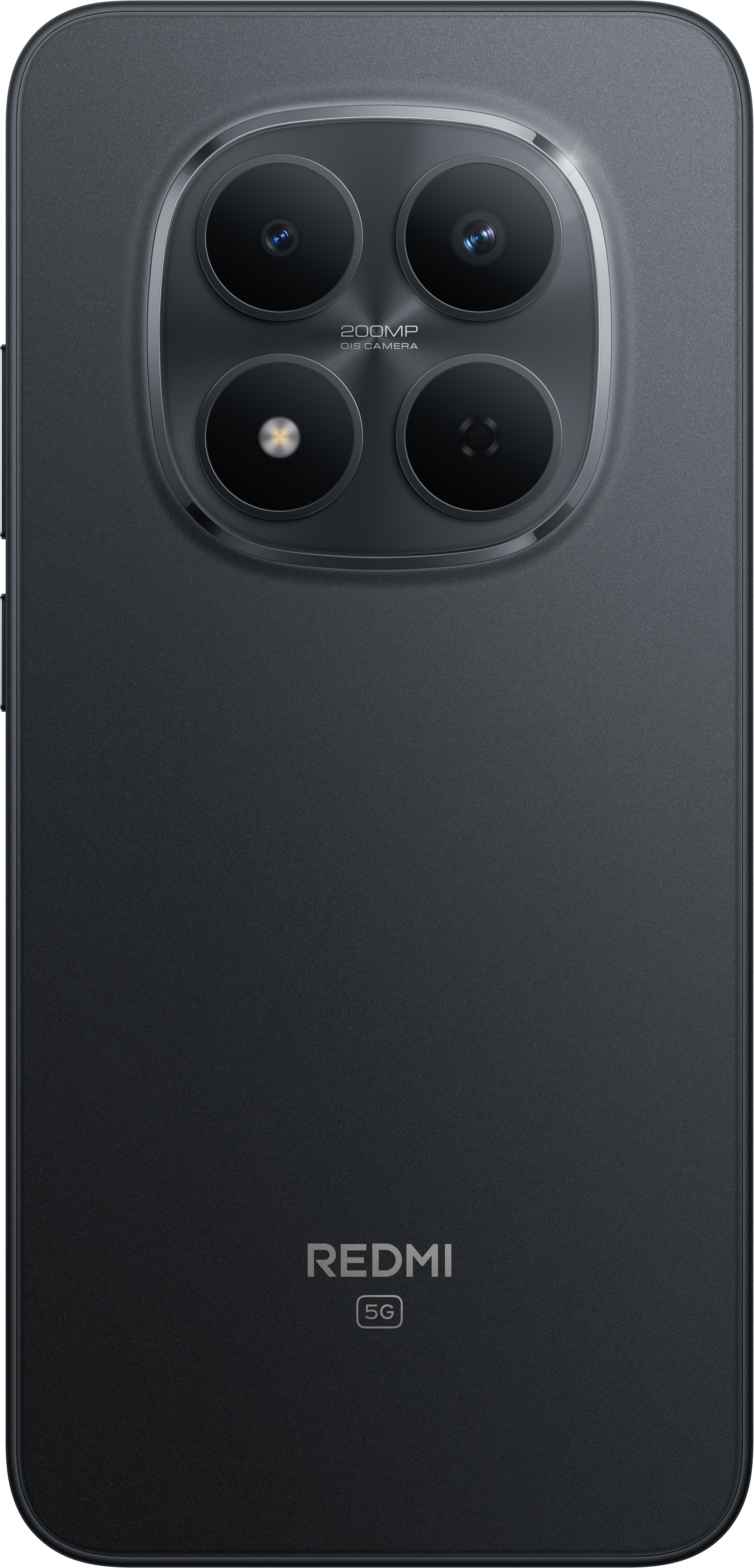 Schwarze Smartphone-Rückseite mit vier Kameralinsen. Redmi-Logo und 5G sichtbar. Das Telefon hat eine glatte, matte Oberfläche.