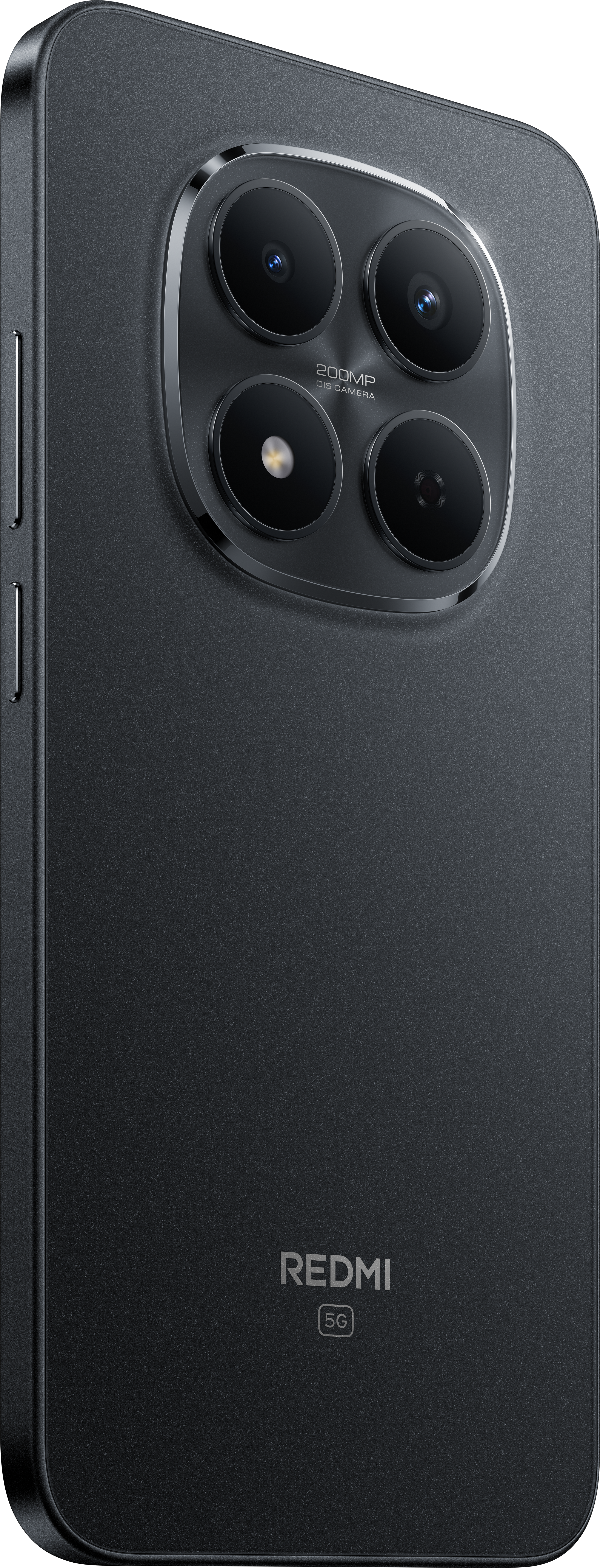 Schwarze Redmi 5G-Telefonrückseite. Verfügt über eine Quad-Kamera und das Redmi-Logo. Schlankes Design, metallisches Finish und dunkelgraue Farbe.