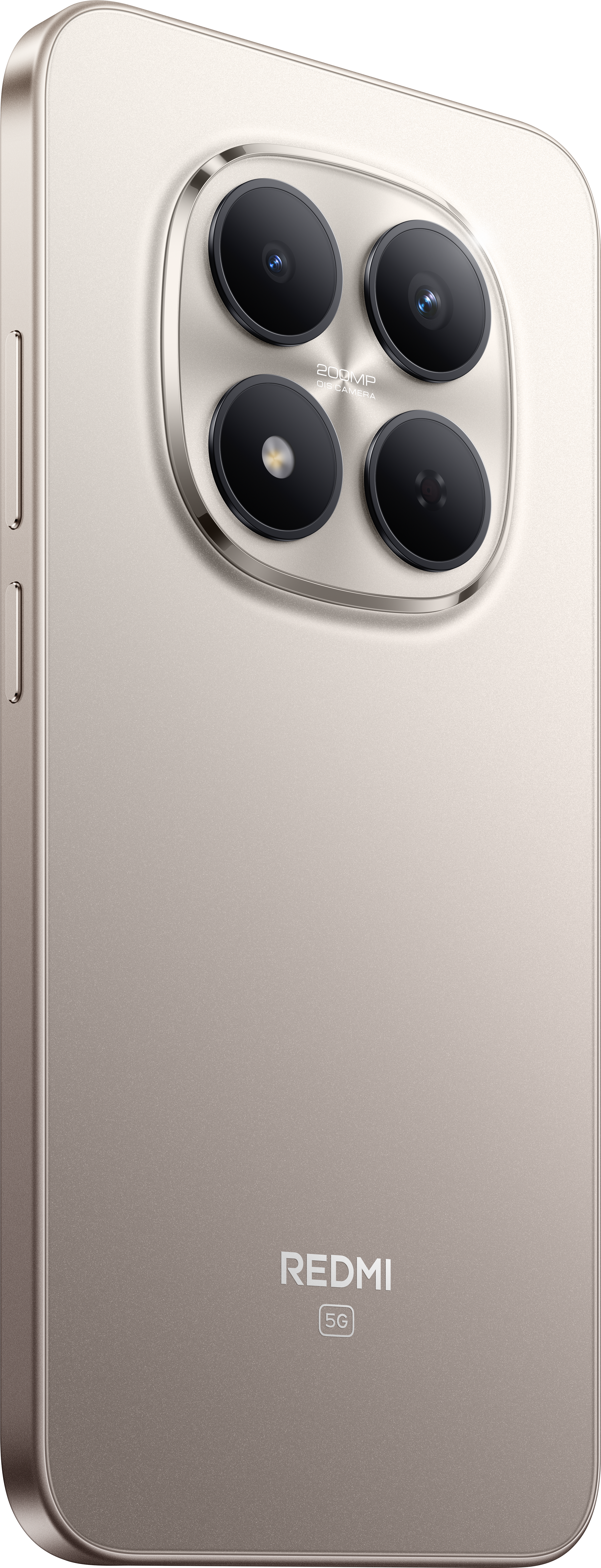 Goldene Smartphone-Rückseite. Mit vier Kameralinsen, einem Redmi-Logo und 5G-Zeichen.