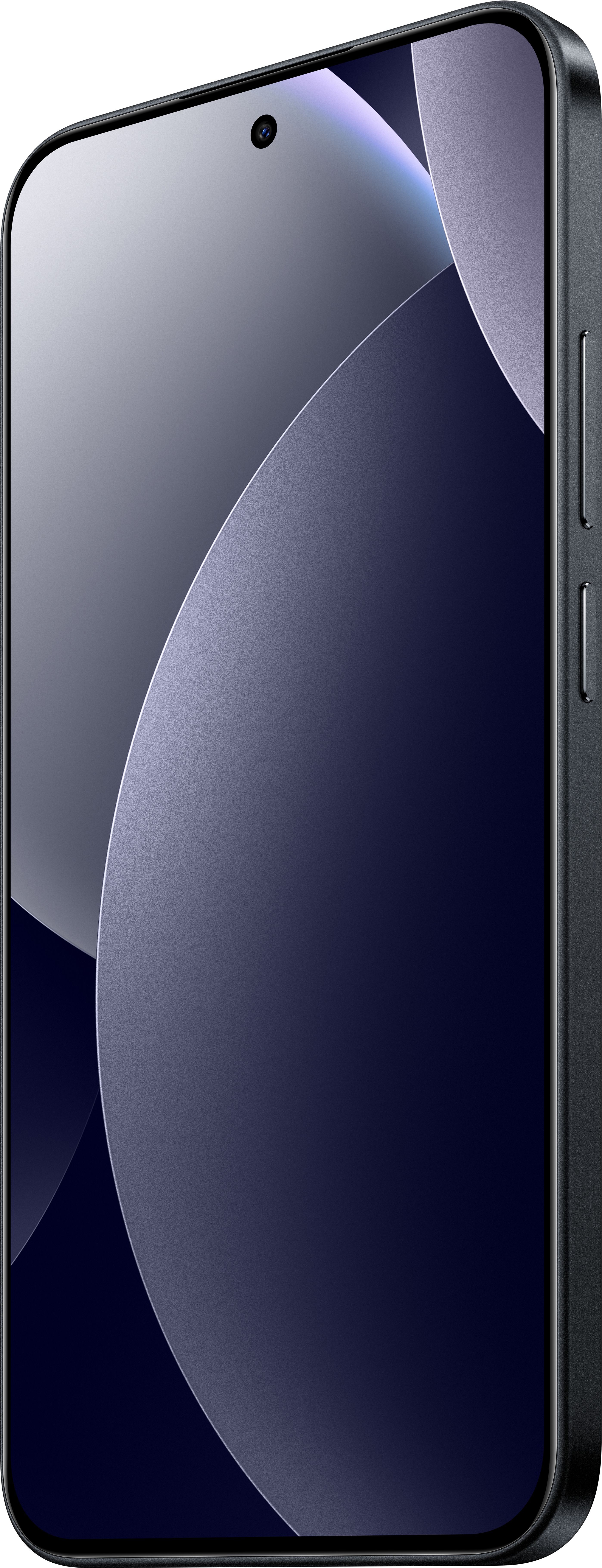 Dunkles Smartphone mit Kamera, zeigt einen Farbverlauf von Dunkelblau und Grau. Das Gerät hat Seitentasten.