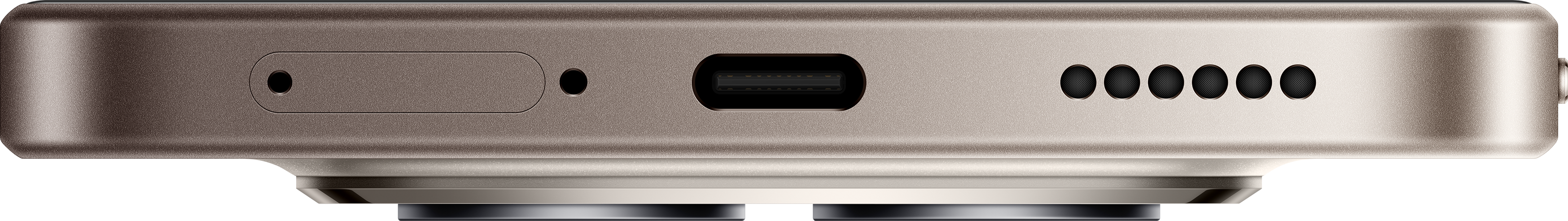 Nahaufnahme der Unterkante eines Telefons. Es hat einen USB-Anschluss, mehrere kleine Löcher, einen Steckplatz und einen Lautsprecher.
