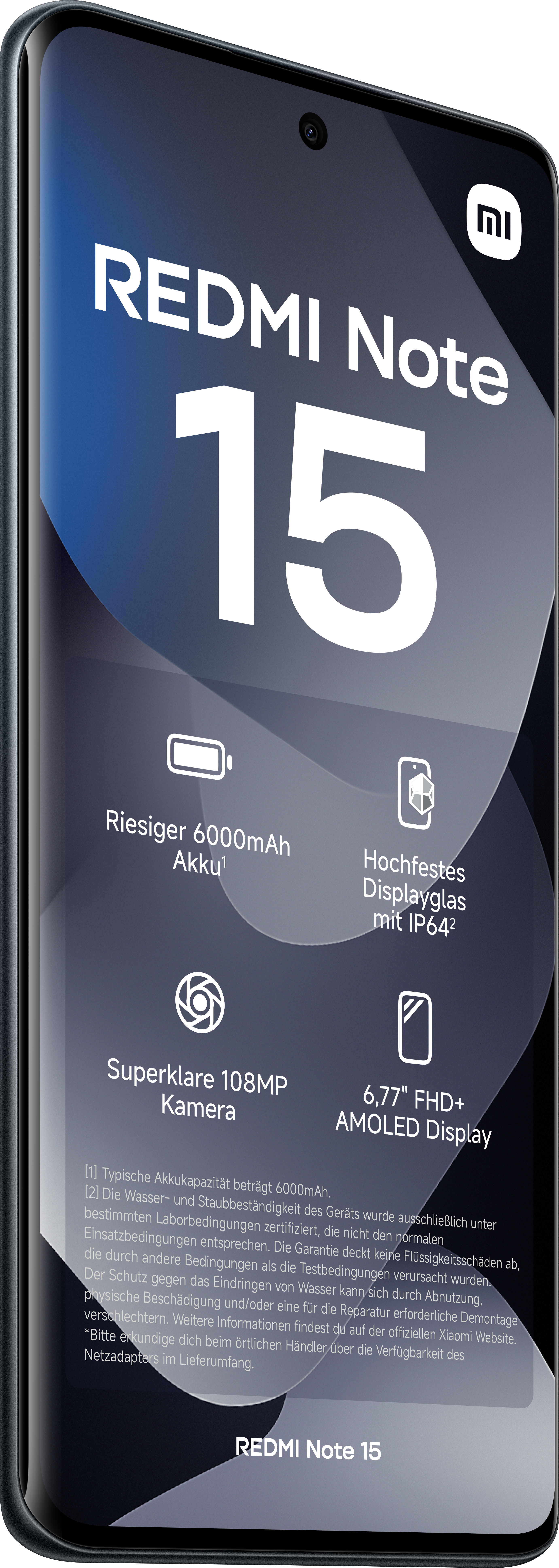 Une publicité pour le téléphone Redmi Note 15 présente ses caractéristiques : batterie 6000mAh, appareil photo 108MP, écran AMOLED 6,77" et verre IP64.