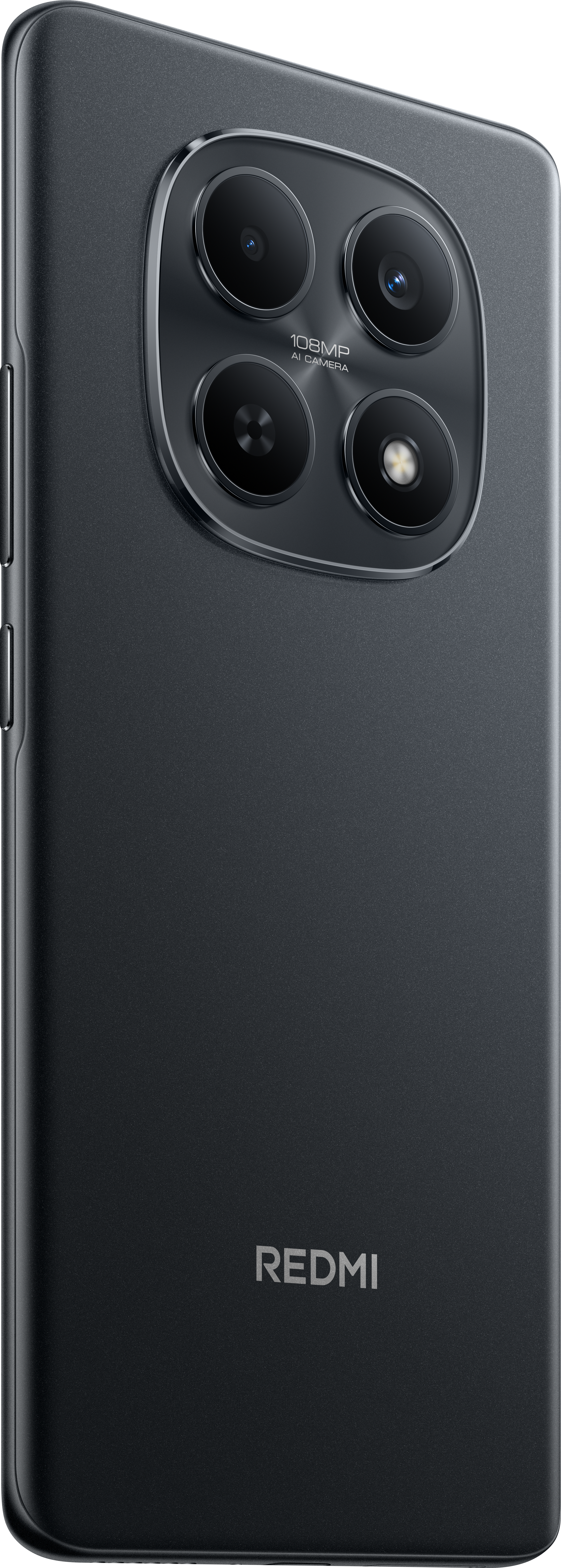 Dos de smartphone noir. Quatre lentilles de caméra, 108MP. Logo Redmi. Couleur gris foncé avec finition brillante.