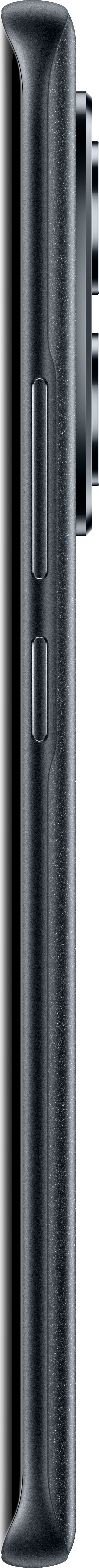 Vue latérale d'un smartphone gris foncé. Deux boutons sont visibles. Il a un bord noir brillant à gauche.