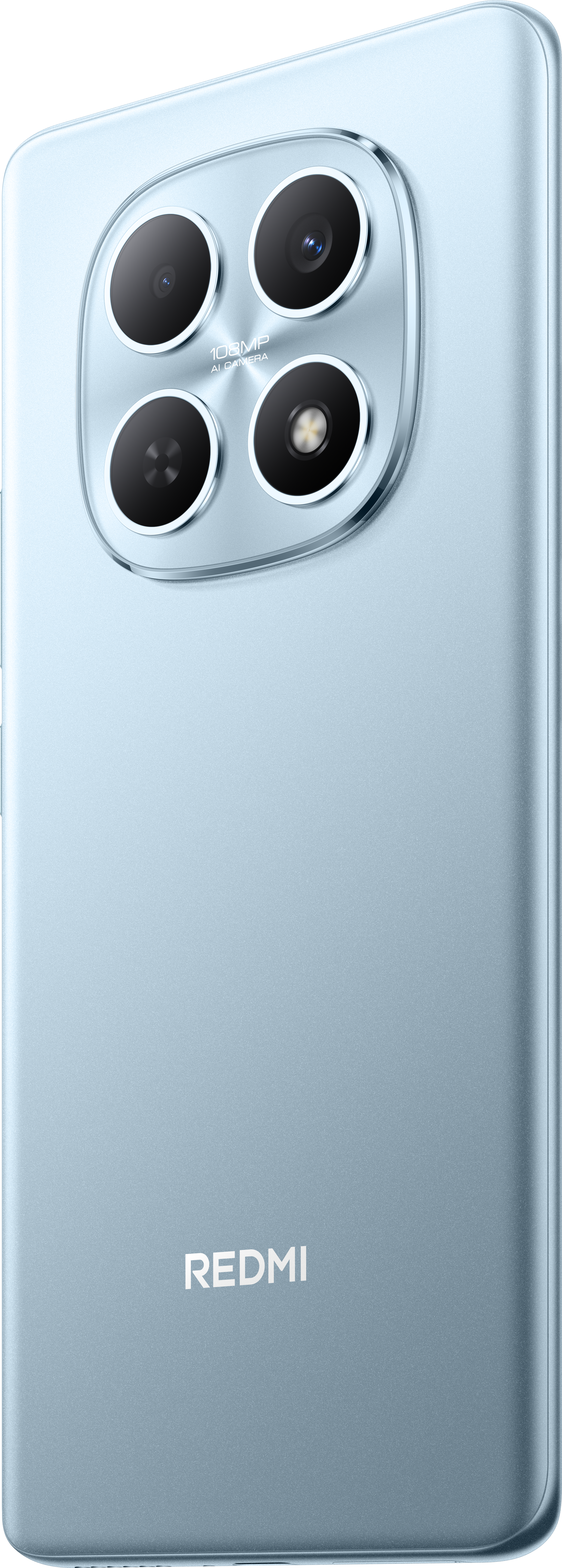 Retro del telefono Redmi blu chiaro. Quattro obiettivi della fotocamera, finiture argentate e logo Redmi.