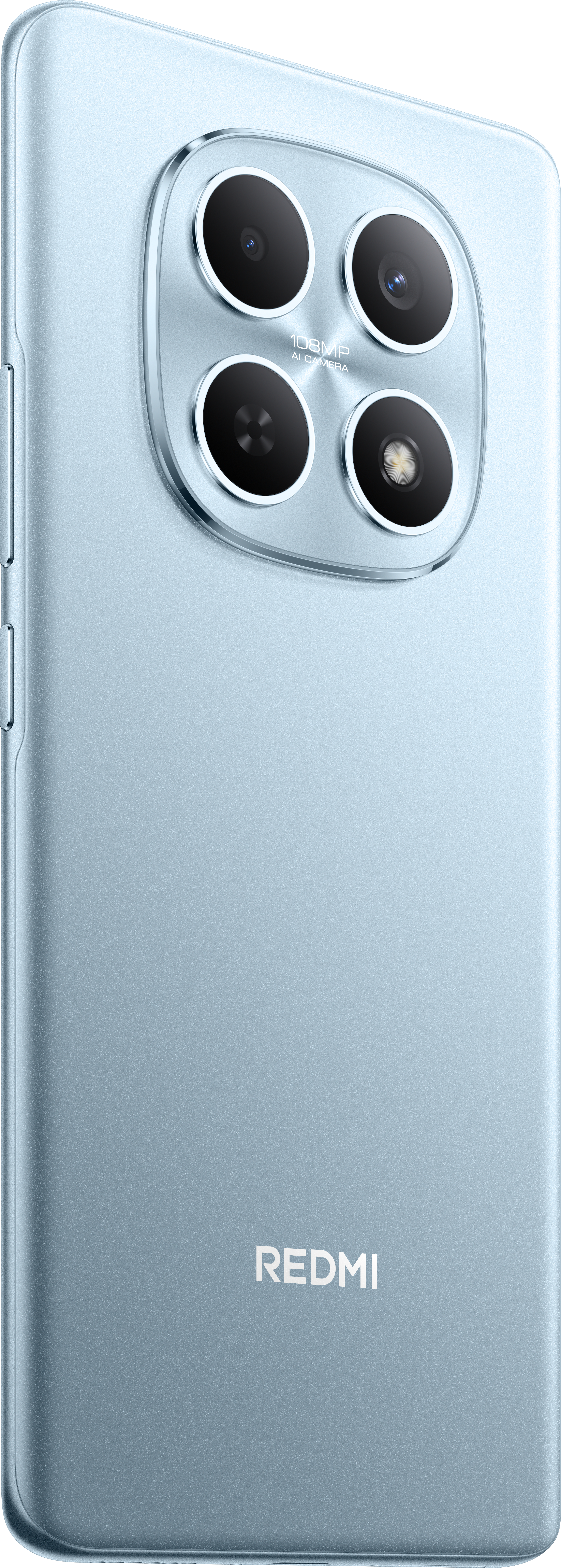 Retro del telefono Redmi blu chiaro. Quattro lenti della fotocamera in cerchio. Logo Redmi in basso. Finitura metallica.