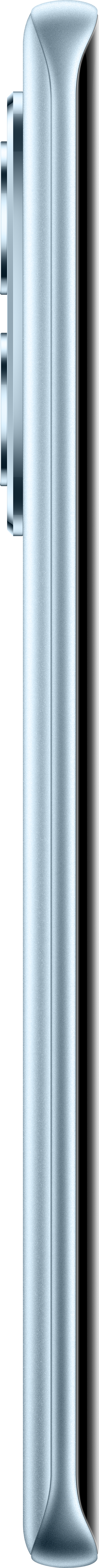 Vista laterale di uno smartphone azzurro. Presenta un rialzo della fotocamera. Il lato è riflettente.