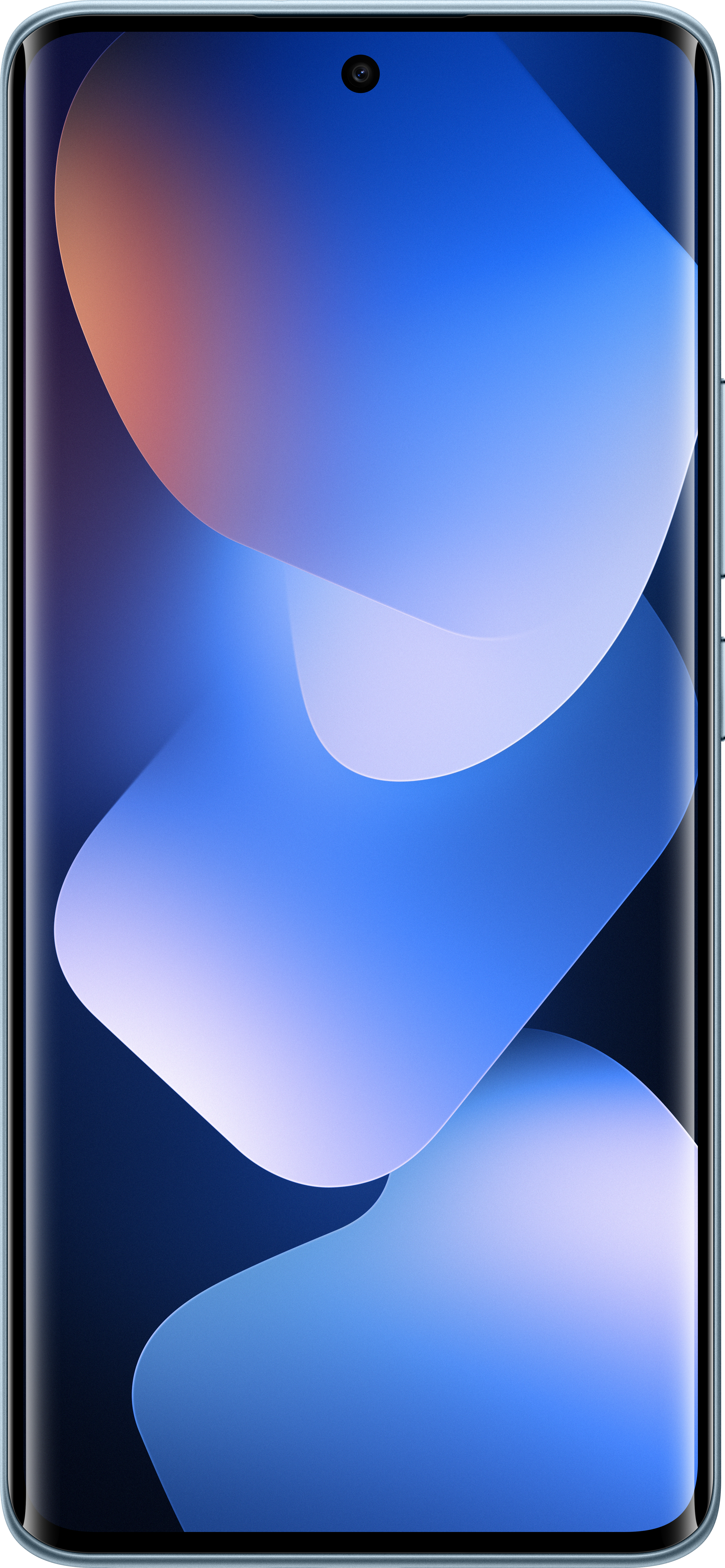 Schermo di uno smartphone con uno sfondo astratto a gradiente blu e bianco e una fotocamera in alto.