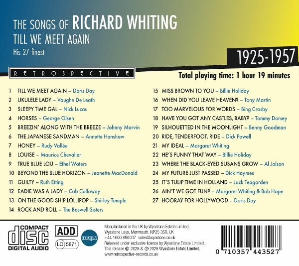 CD-Cover. Titel: The Songs of Richard Whiting, Till We Meet Again. Listet 27 Songs von 1925-1957 auf. Weißer Text auf dunklem Hintergrund.