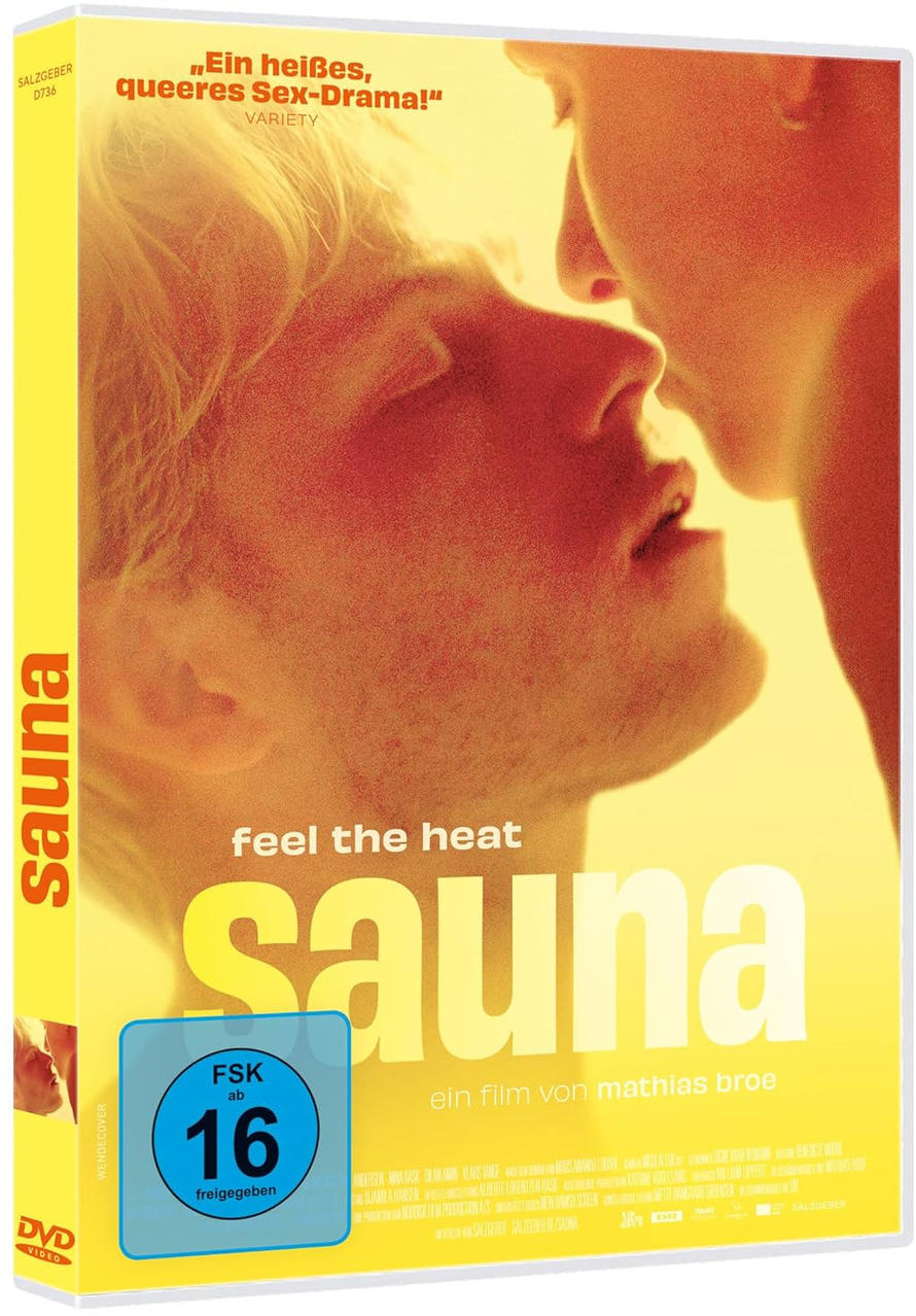 DVD-Cover. Ein Mann und eine Frau sind nah beieinander. Der Titel ist 'sauna'. Der Text lautet 'feel the heat' und 'ein film von mathias broe'.