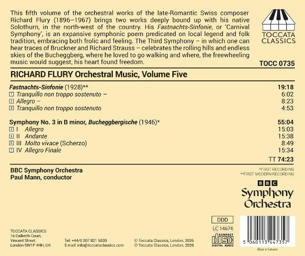 CD-Cover. Text: Richard Flury Orchestermusik. Titelliste und Logo des BBC Symphony Orchestra sind sichtbar.