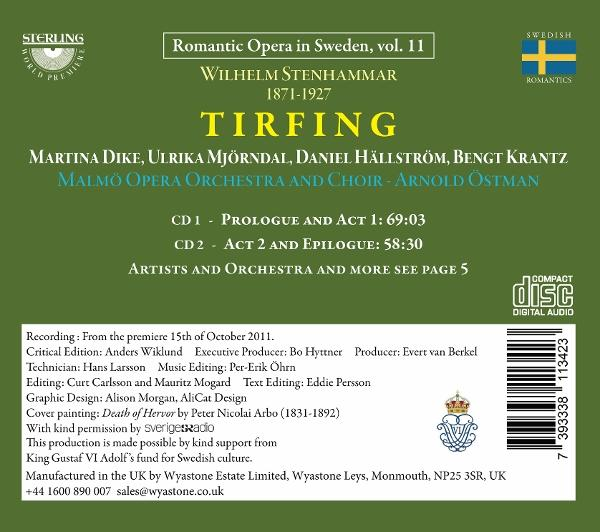 CD-Cover. Grüner Hintergrund, Text in Weiß und Gelb. Titel: Tirfing. Künstler und Orchester gelistet. Enthält eine schwedische Flagge.