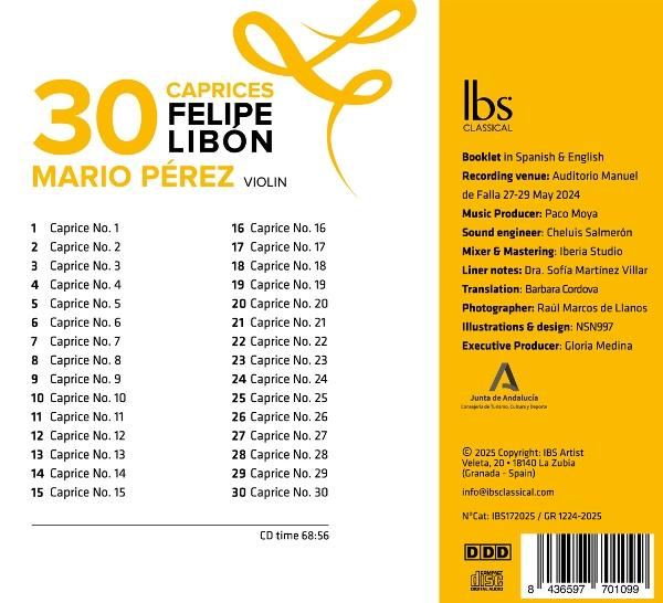 CD-Cover für "30 Caprices" von Felipe Libon, mit Mario Pérez. Enthält Titelliste, Credits und Logo.