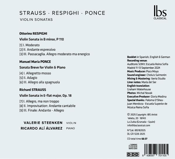 CD-Cover. Violinsonaten von Strauss, Respighi und Ponce. Mit den Interpreten Valerie Steenken und Ricardo Alí Álvarez.