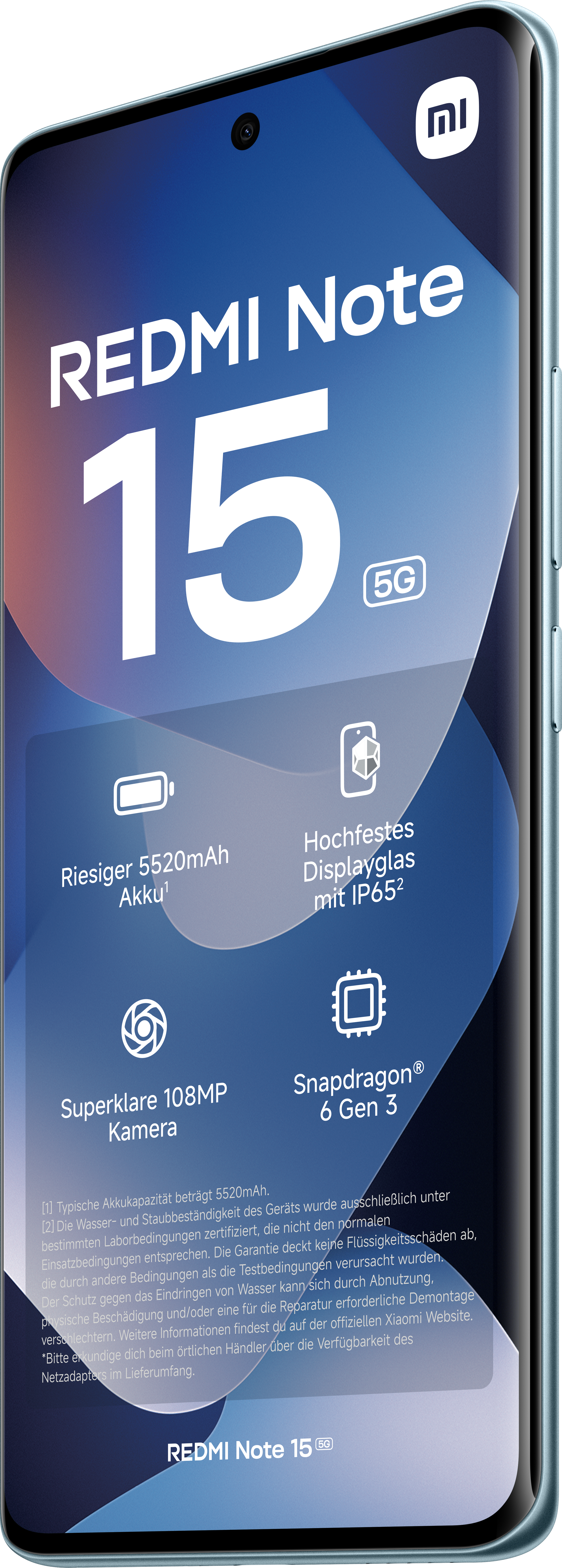 Ein Telefonbildschirm zeigt 'REDMI Note 15', mit Funktionen wie 5G, 5520mAh Akku und 108MP Kamera.