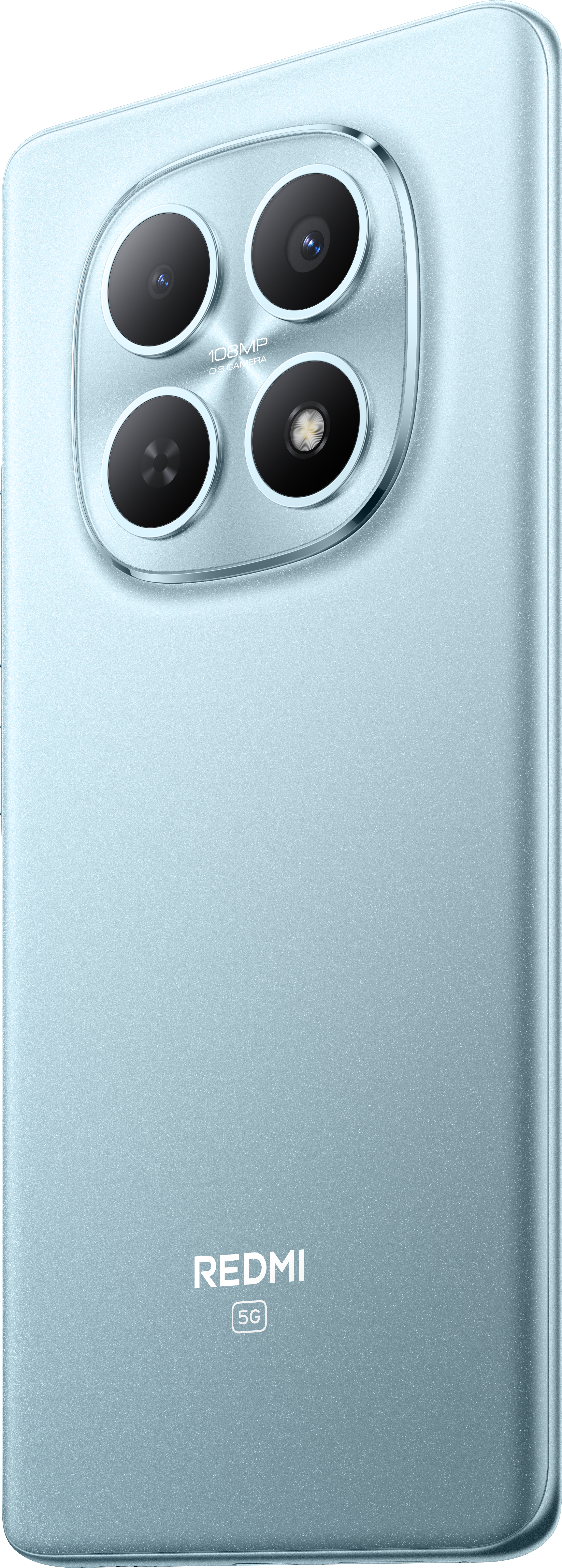 Die Rückseite eines hellblauen Smartphones. Es hat vier Kameralinsen und den Markennamen REDMI.