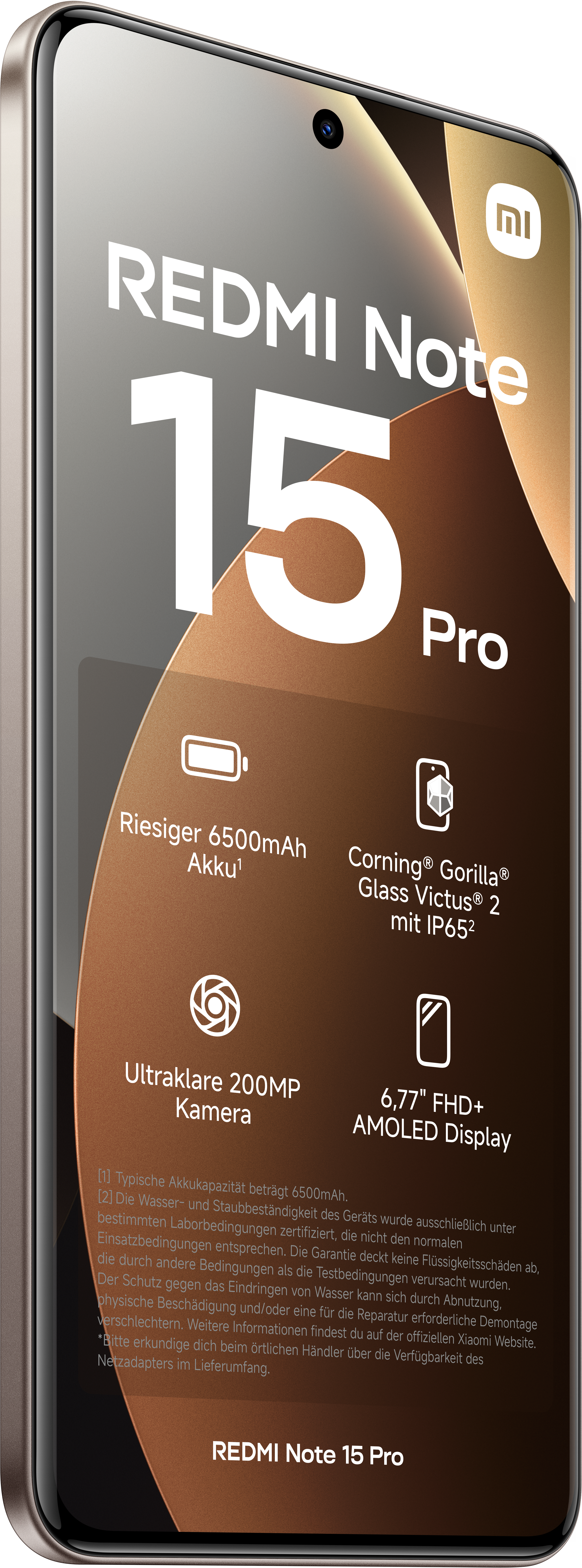 Smartphone-Display zeigt 'Redmi Note 15 Pro'. Merkmale: 6500mAh Akku, 200MP Kamera, 6,77" AMOLED-Display.
