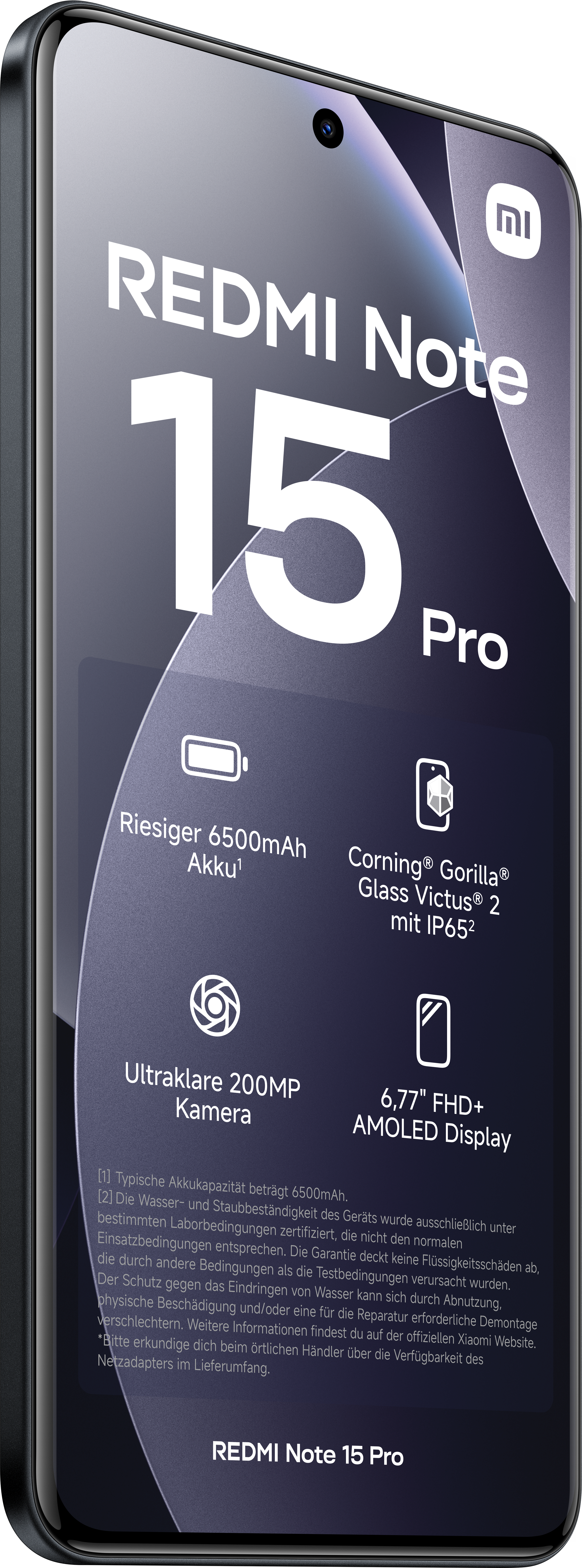 Ein Smartphone mit schwarzem Rahmen. Der Bildschirm zeigt 'Redmi Note 15 Pro' und Funktionen wie einen 6500-mAh-Akku und eine 200MP-Kamera.
