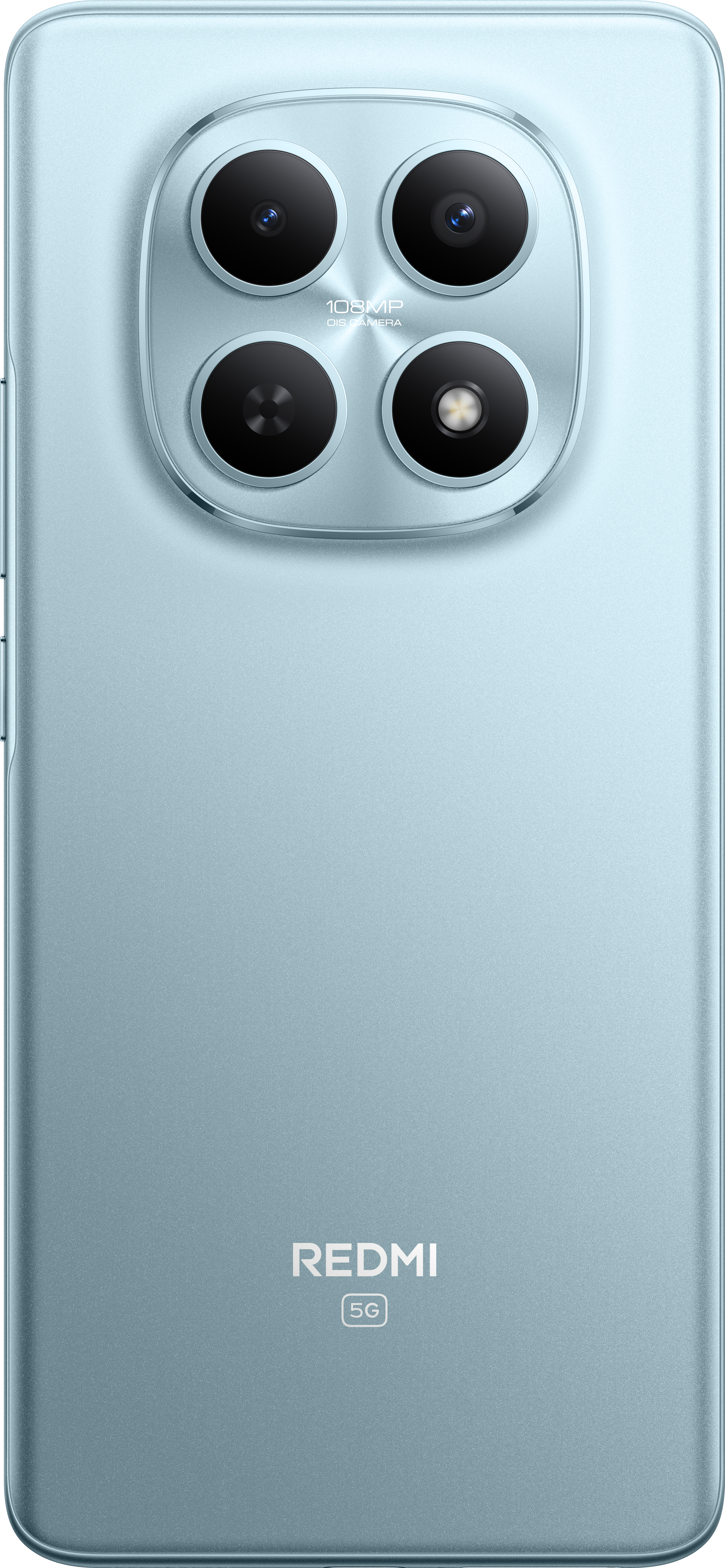 Rückseite eines hellblauen Smartphones mit vier Kameralinsen und einem Redmi-Logo, das 5G-Unterstützung anzeigt.