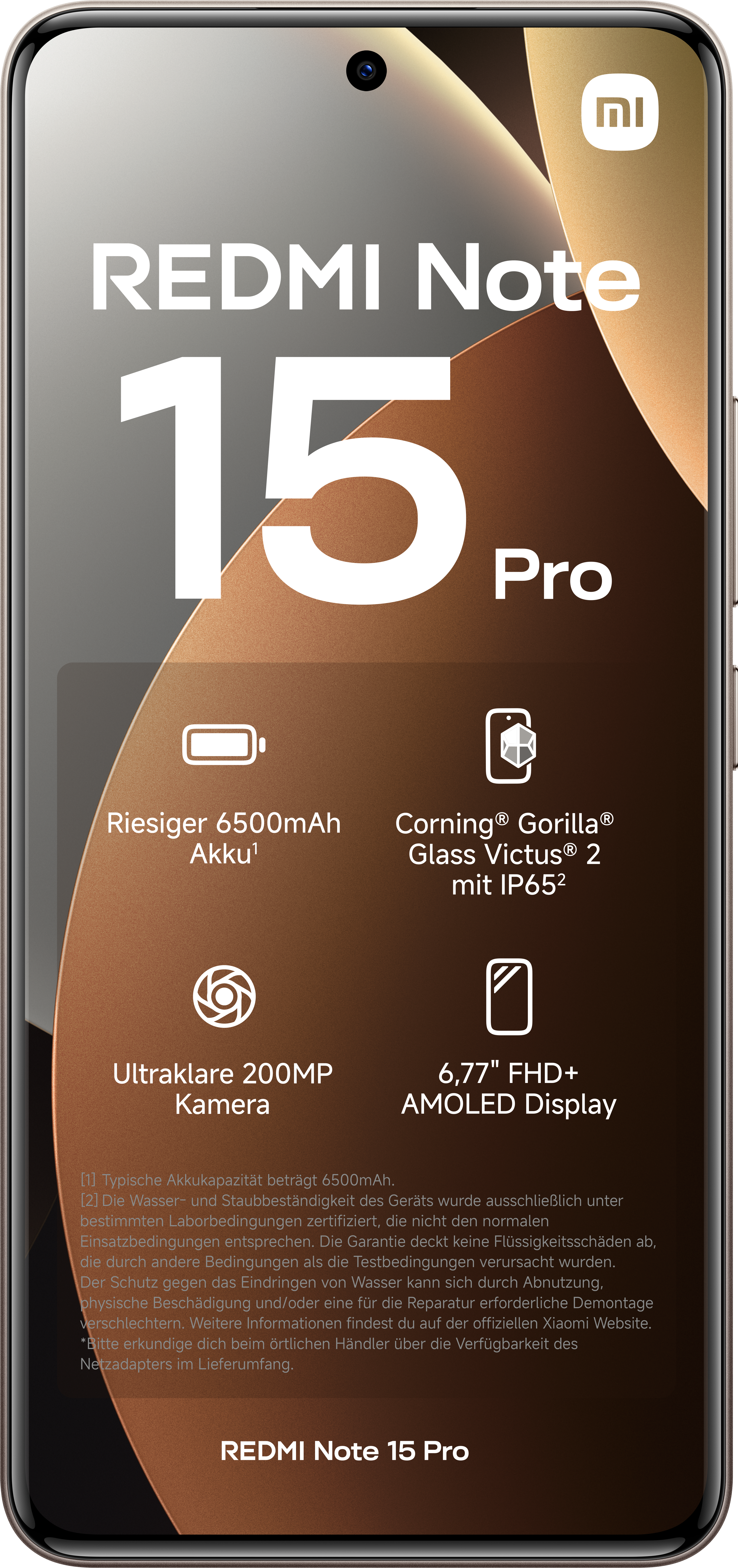 Ein Telefonbildschirm zeigt 'REDMI Note 15 Pro' mit Spezifikationen: 6500mAh Akku, Corning Gorilla Glass, 200MP Kamera und FHD+ AMOLED Display.