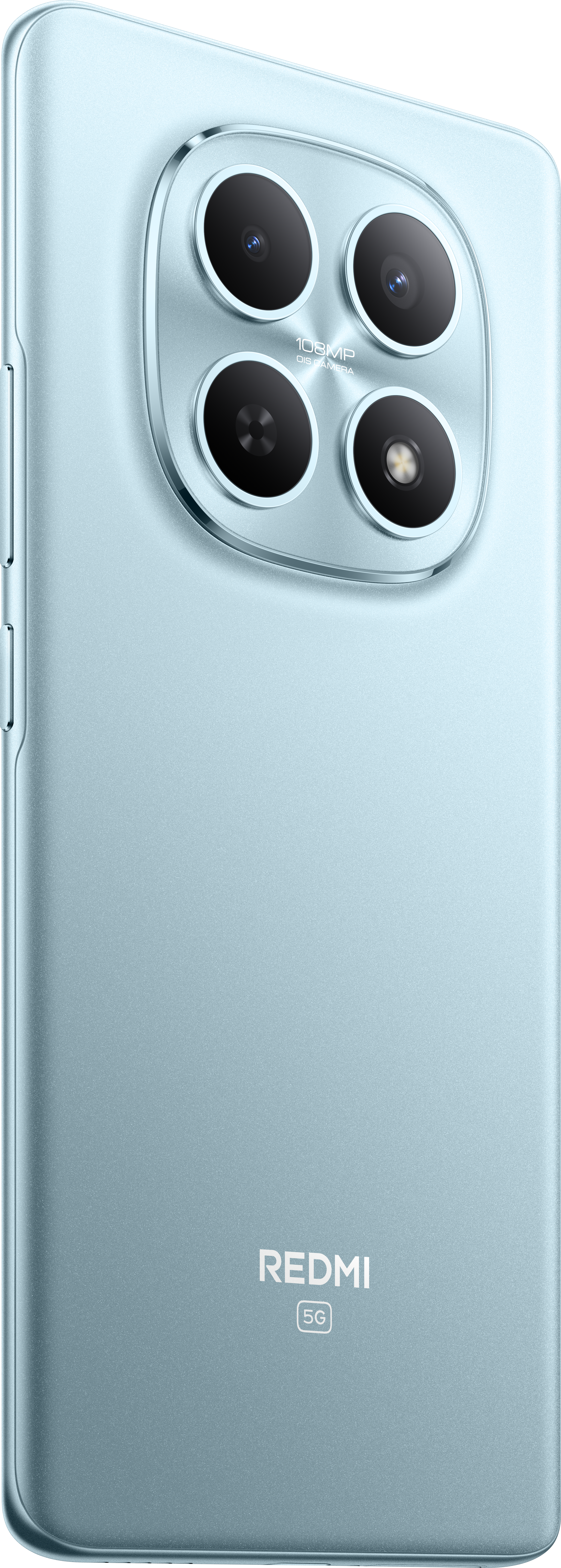 Hellblaues Redmi-Telefon auf der Rückseite. Vier Kameralinsen, 108 MP. Redmi-Logo und 5G-Symbol unten.