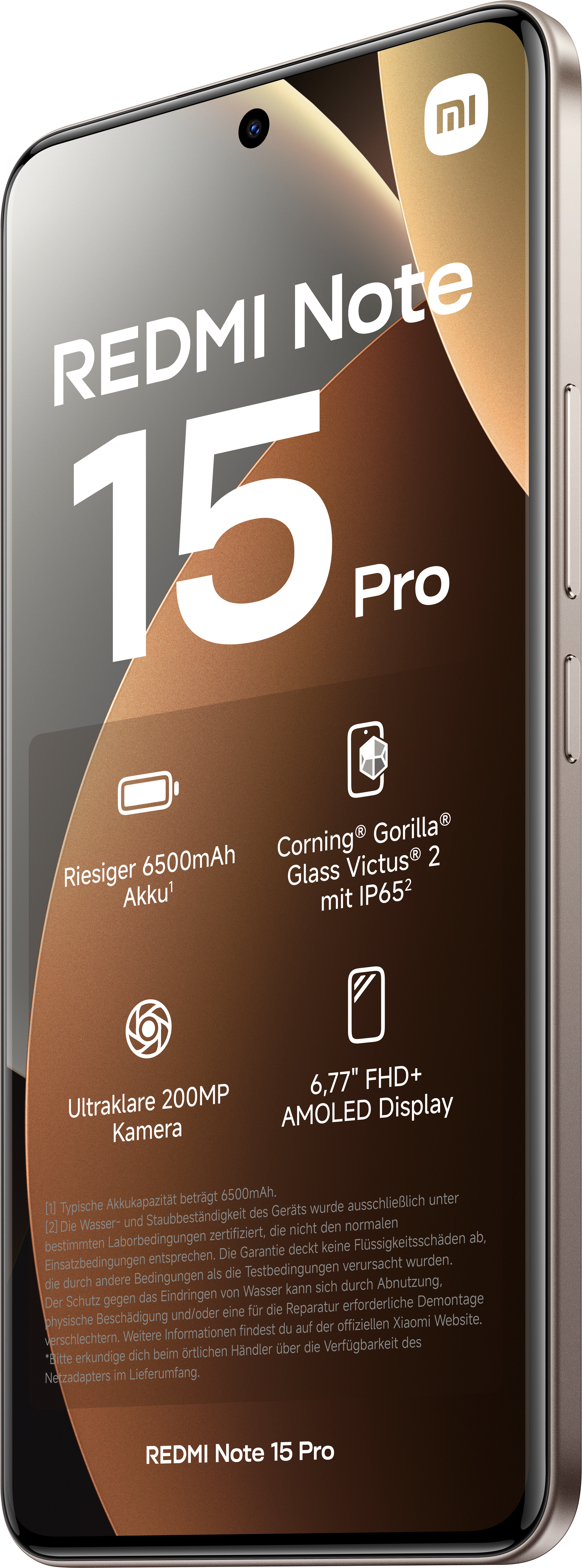 Ein Smartphone mit großem Bildschirm, dem Redmi Note 15 Pro, mit wichtigen Funktionen und Spezifikationen.