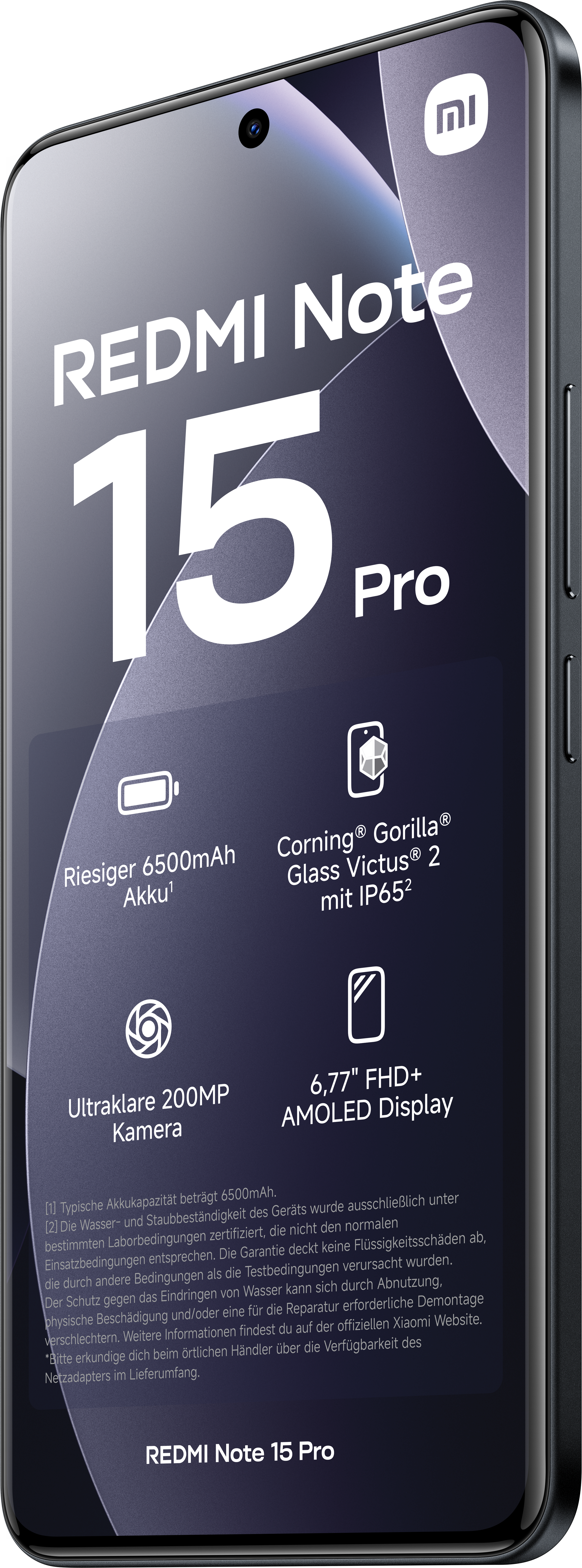 Ein Smartphone mit großem Bildschirm, das Redmi Note 15 Pro, wird gezeigt. Es hat einen großen Akku, eine hochauflösende Kamera und ein robustes Display.