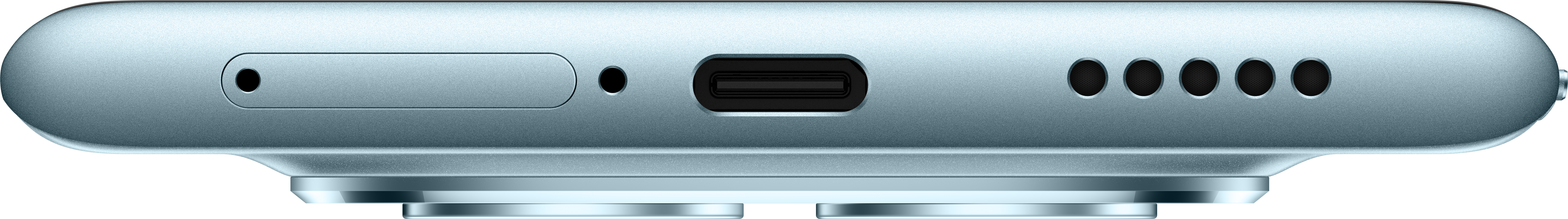 Seitenansicht eines hellblauen Smartphones. Zeigt SIM-Slot, Mikrofon, USB-C-Anschluss und Lautsprechergitter.