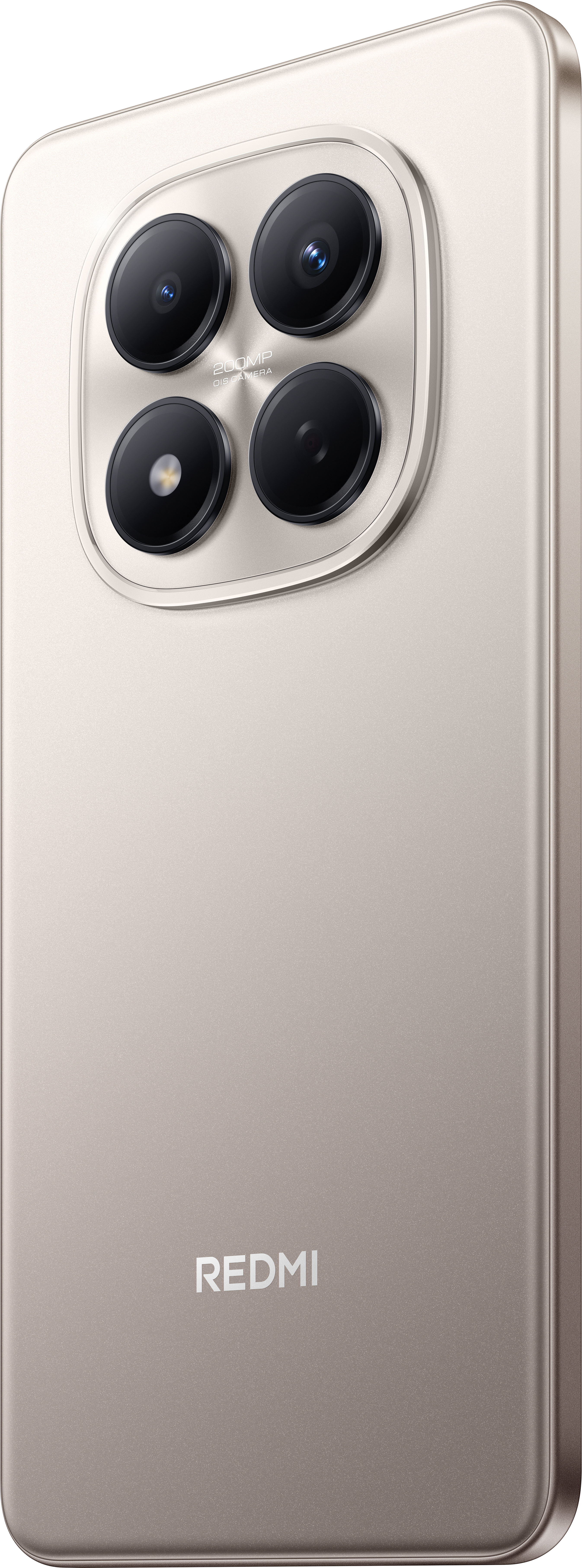 Nahaufnahme einer Smartphone-Rückseite, beige. Kamera mit 4 Linsen. Der Markenname REDMI ist sichtbar.