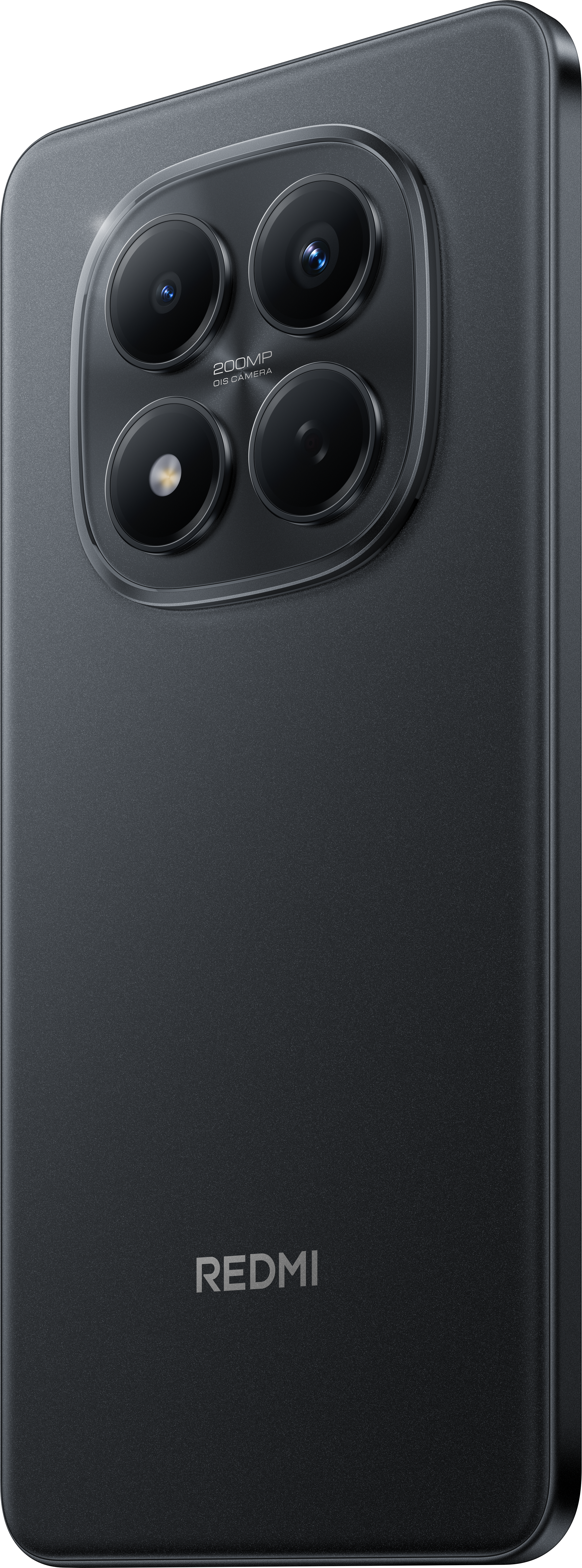 Schwarze Smartphone-Rückseite mit vier Kameralinsen. 'REDMI' ist unten aufgedruckt. Die Linsen sind von einem kreisförmigen Rahmen umgeben.
