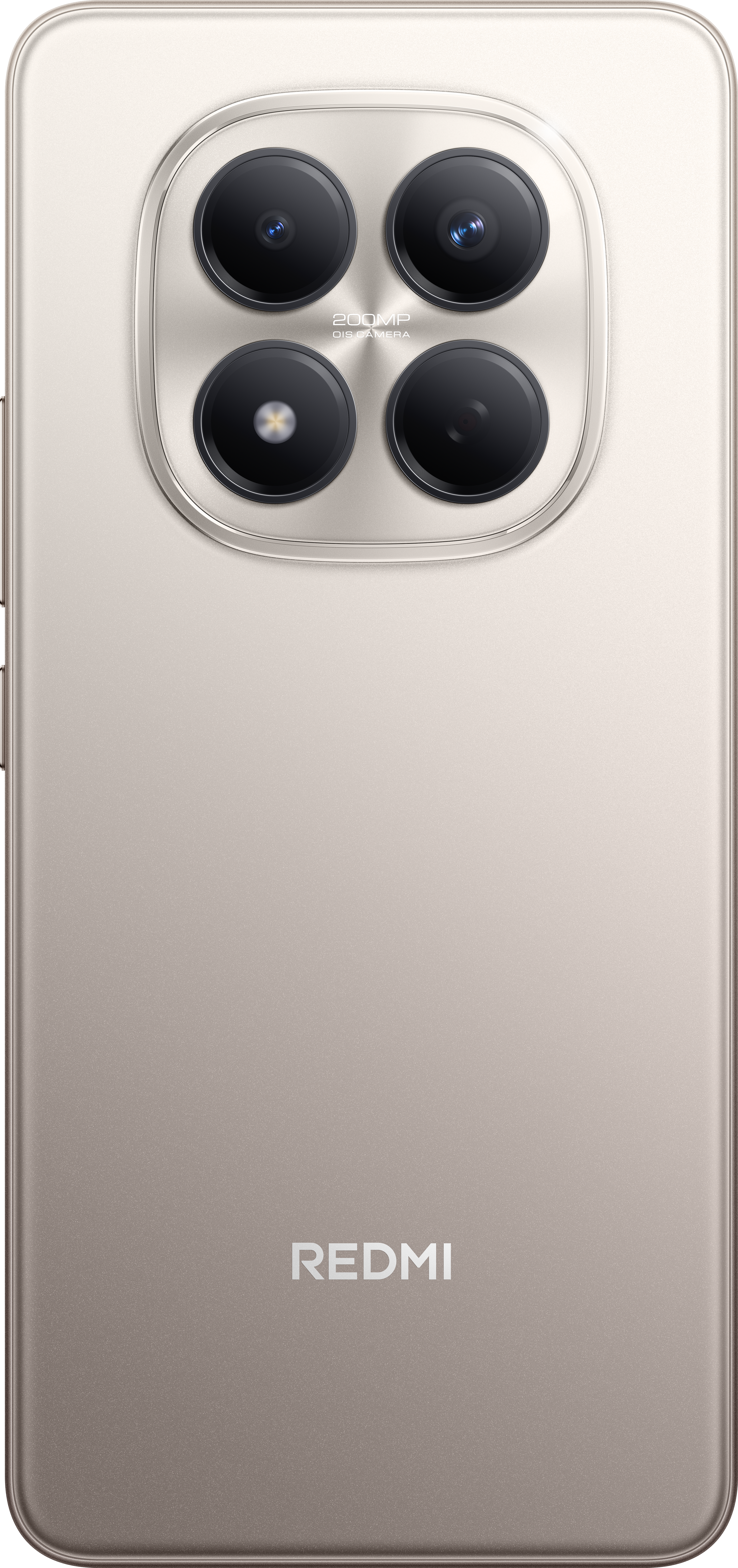 Die Rückseite eines beigefarbenen Redmi-Telefons hat vier Kameraobjektive, ein Markenlogo und ein Metallic-Finish.