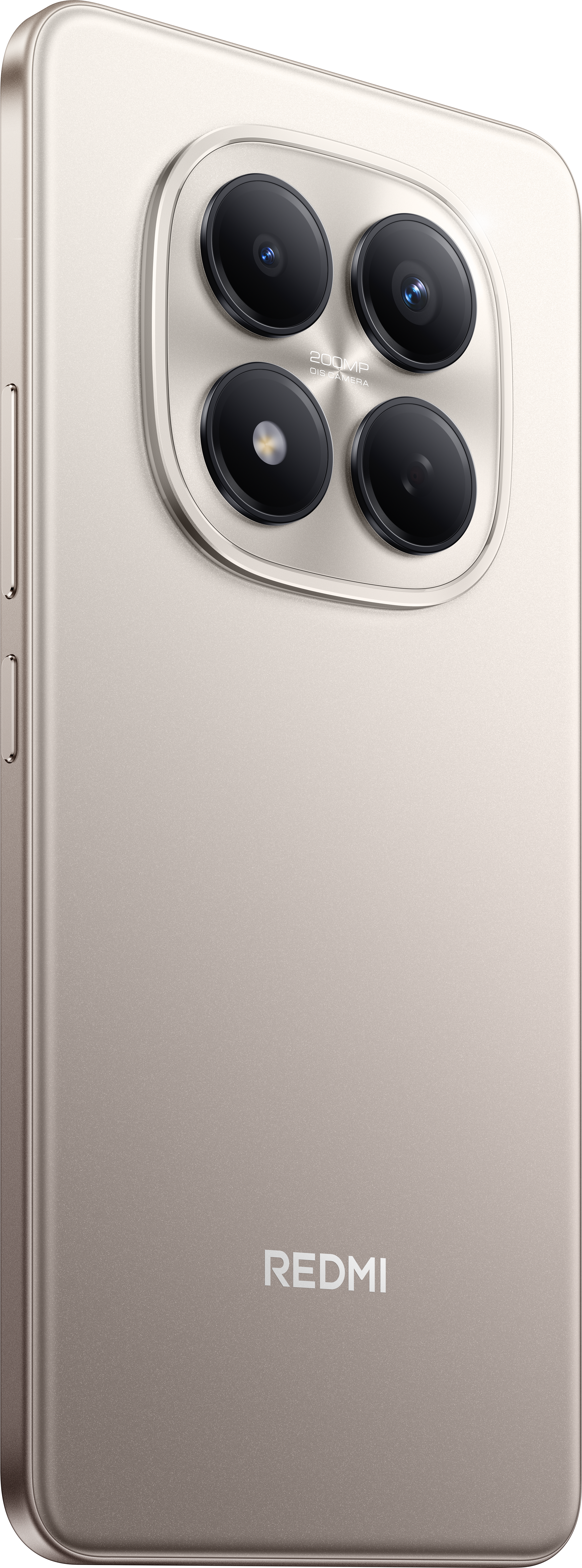 Nahaufnahme der Rückseite eines Telefons. Es hat eine Kameragruppe mit vier Objektiven und das Redmi-Logo.