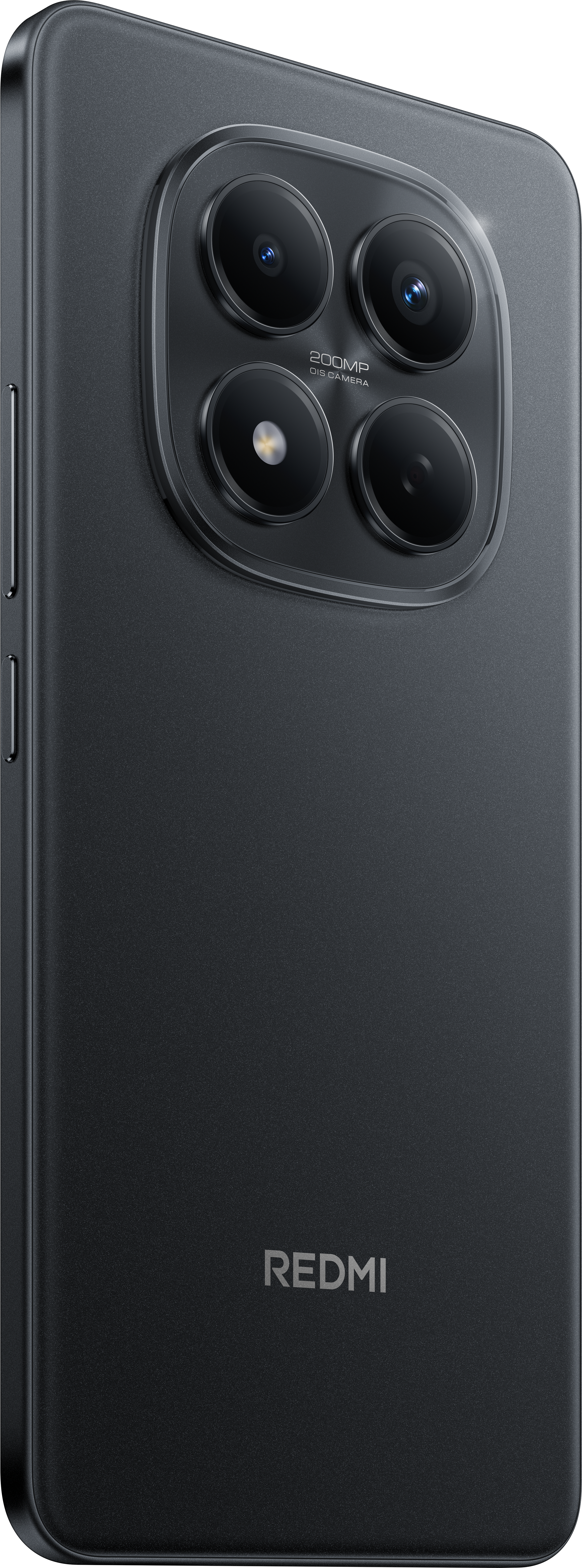 Schwarze Smartphone-Rückseite mit Kameraanordnung. Redmi-Logo unten. Vier Linsen sind sichtbar.