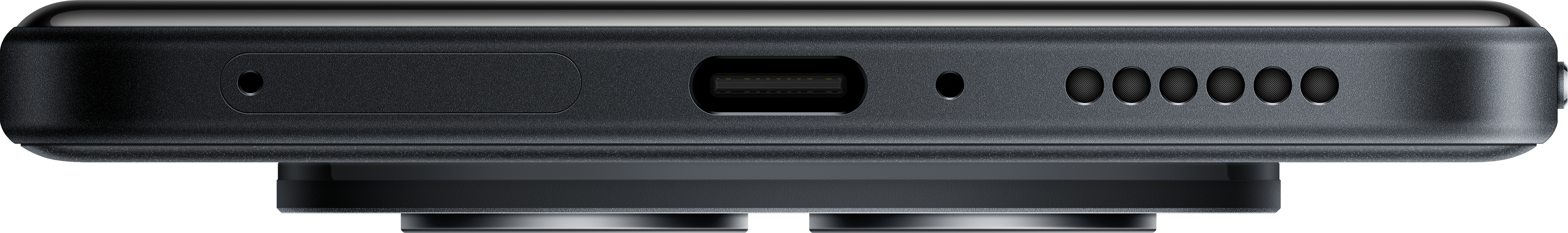 Nahaufnahme der Unterkante eines schwarzen Telefons. Merkmale sind ein SIM-Kartensteckplatz, USB-C-Anschluss und Lautsprecherlöcher.