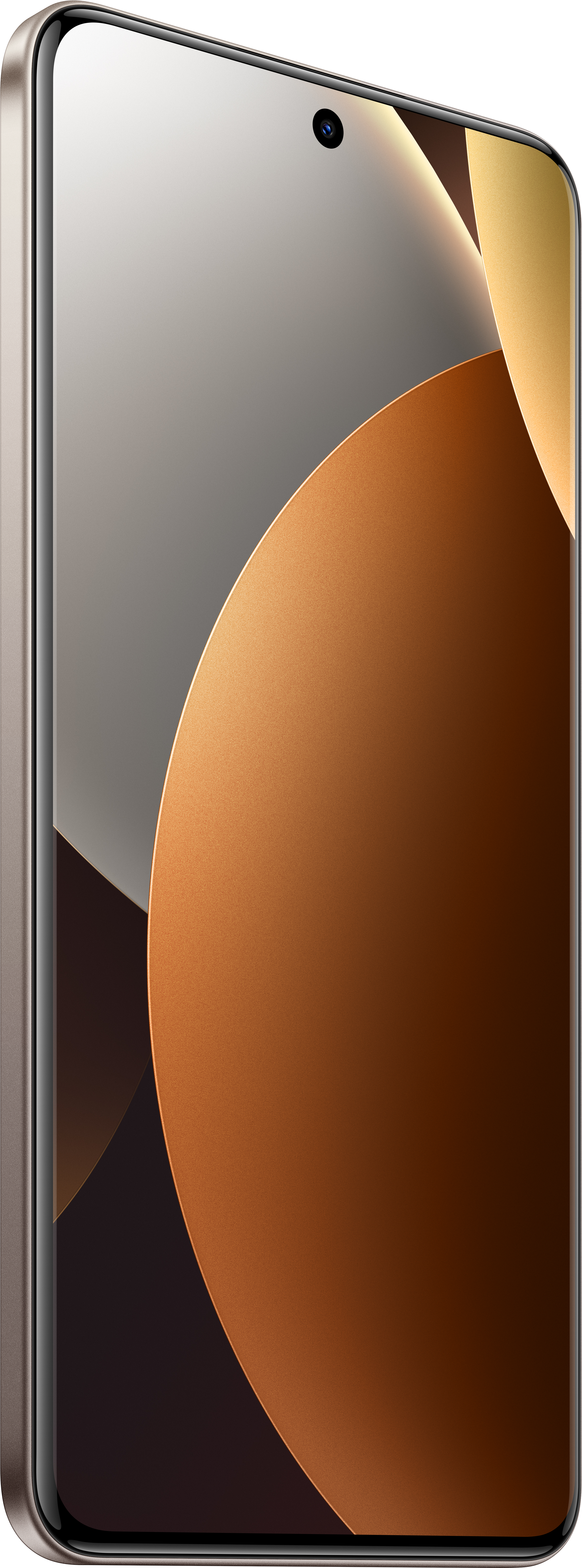 Ein Smartphone mit gebogenem Bildschirm. Es hat oben eine Kamera. Der Hintergrund hat Bronze- und Grautöne.