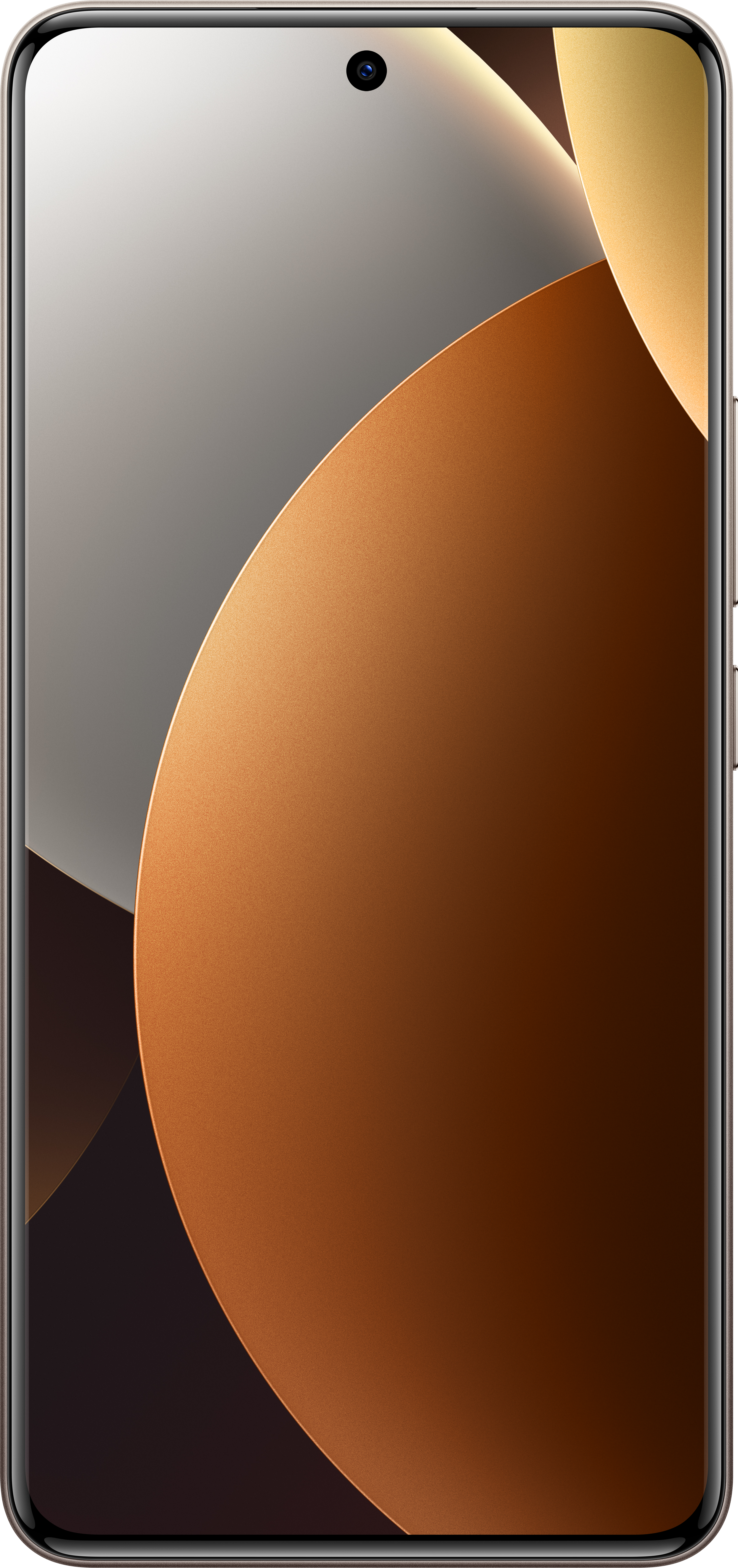 Ein Smartphone-Bildschirm zeigt abstrakte Formen in Braun, Gold und Grau. Eine Kameralinse ist oben sichtbar.
