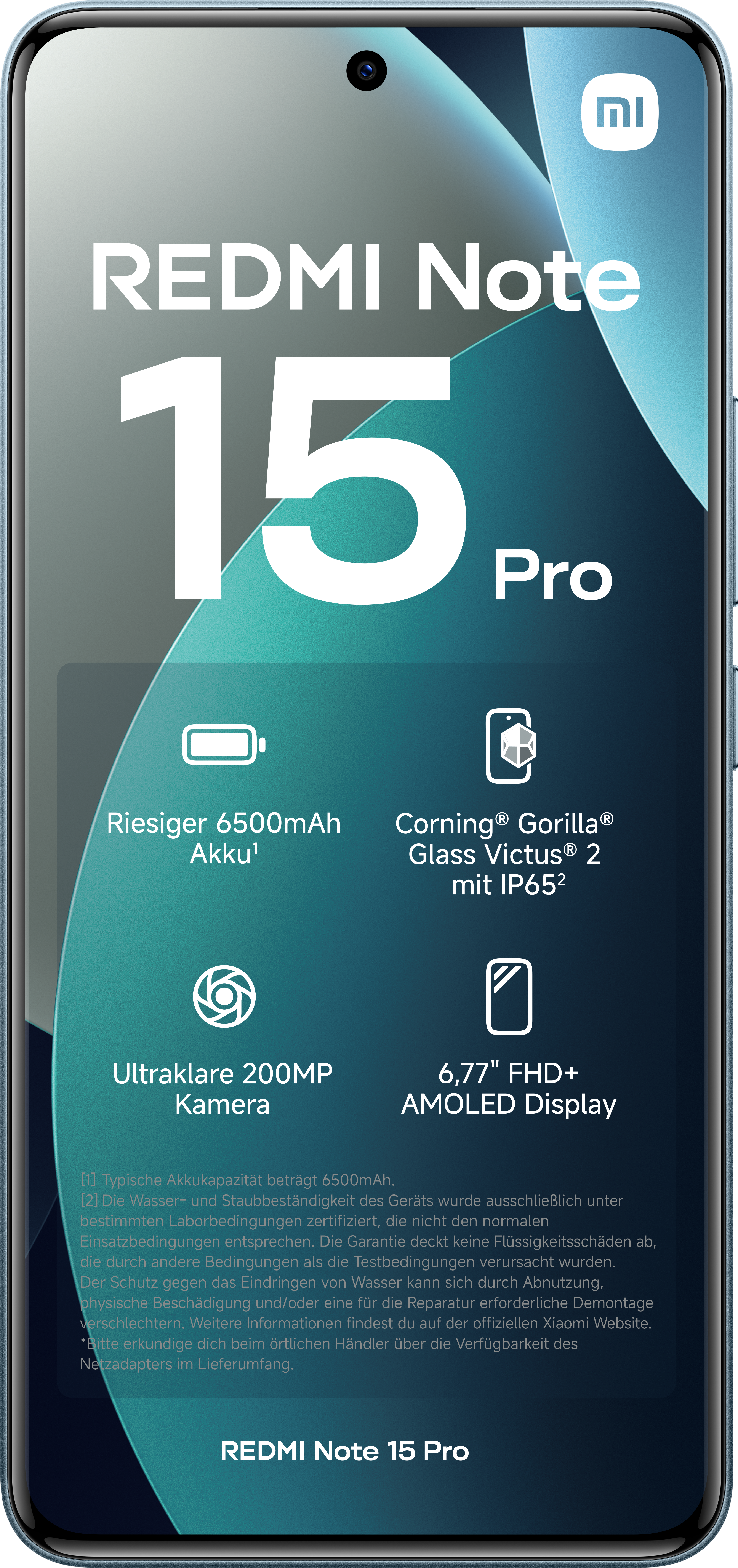 Ein Telefonbildschirm zeigt 'REDMI Note 15 Pro' mit Funktionen: Akku, Kamera, Display und Corning Gorilla Glass.