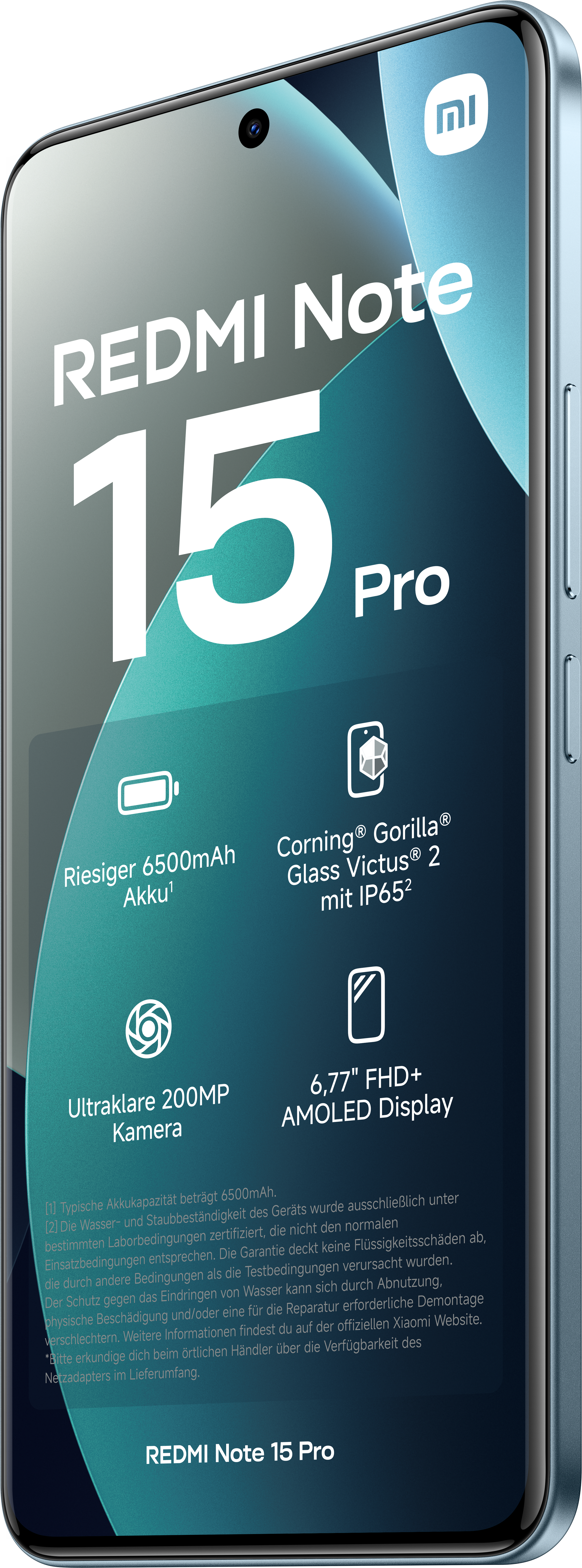 Ein Smartphone mit großem Bildschirm, das Redmi Note 15 Pro. Es verfügt über einen 6500mAh Akku und eine 200MP Kamera.