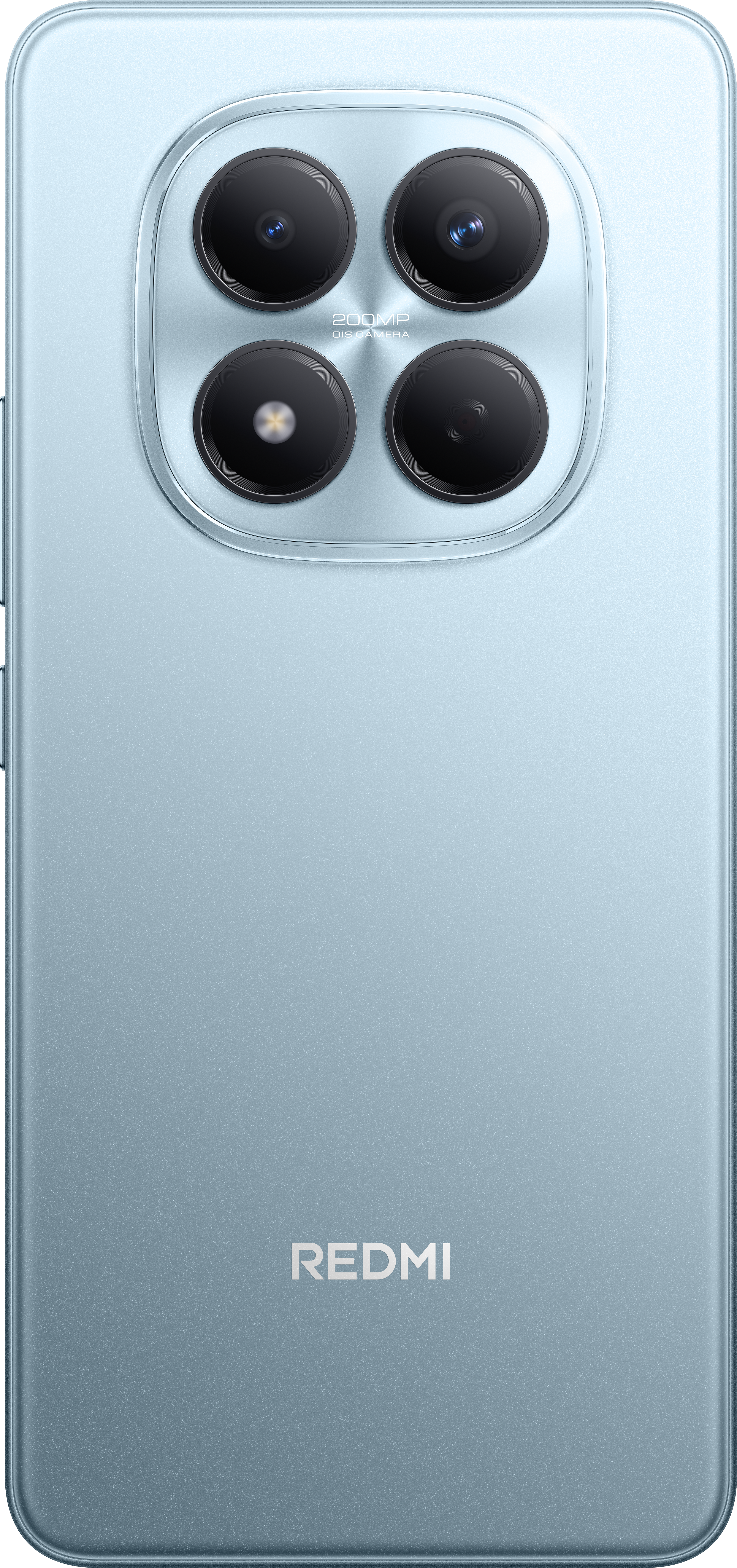 Hellblaues Redmi-Handy. Vier schwarze Kameralinsen und Markenname. Glatter, hellblauer Hintergrund.