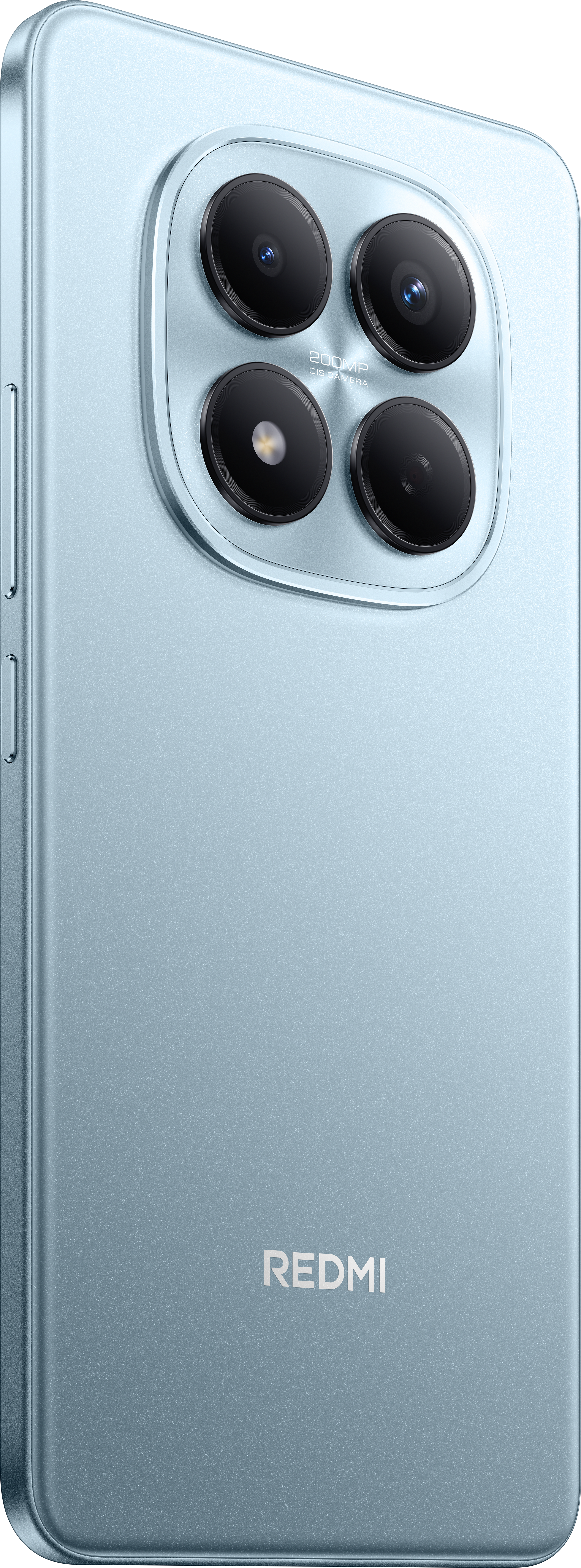 Hellblaue Telefonrückseite mit vier Kameralinsen. Das Redmi-Logo befindet sich unten. Das Telefon hat ein Metallic-Finish.