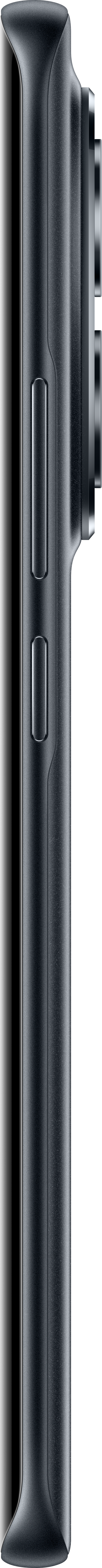 Seitenansicht eines dunkelgrauen Smartphones. Knöpfe an der Seite, Kameralinsen sichtbar. Schlankes Design.