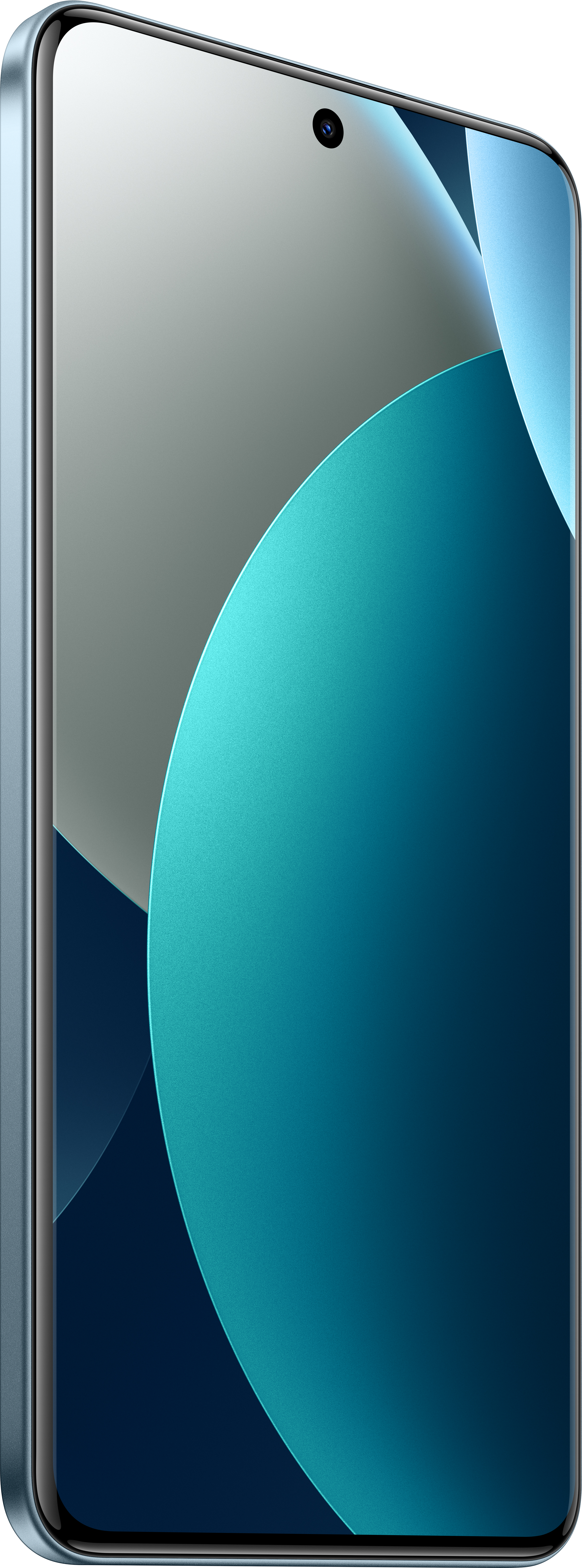 Ein Smartphone mit gebogenem Bildschirm. Es hat einen blauen Rahmen und einen Bildschirm mit blauem, blaugrünem und grauem Farbverlauf.