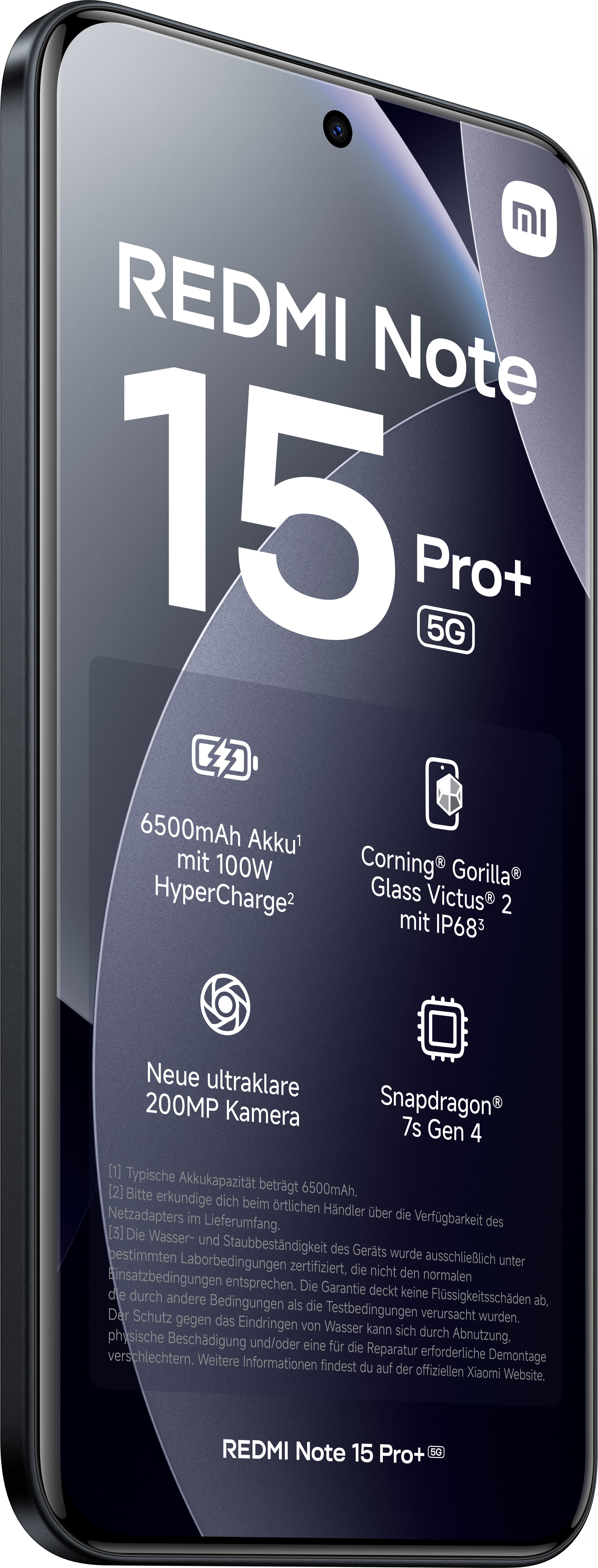 Schermo di smartphone con dettagli 'Redmi Note 15 Pro+', incluse specifiche e funzioni.