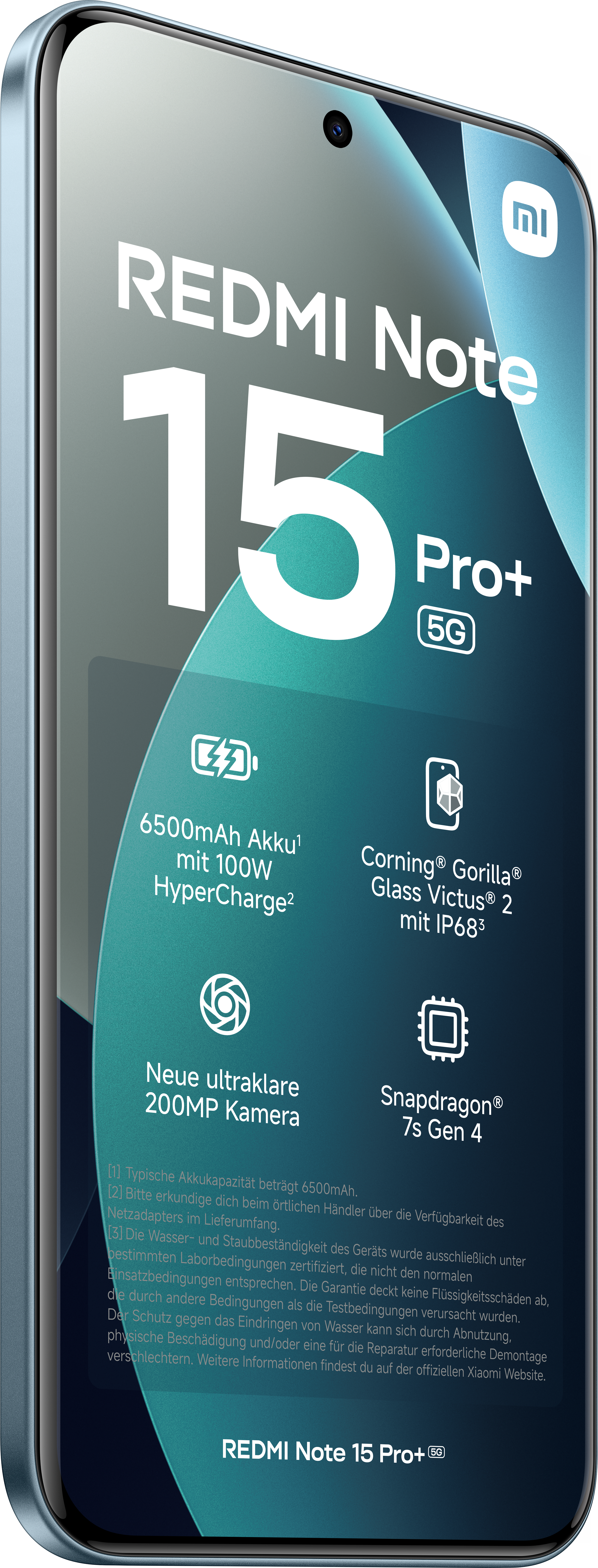 Auf einem Smartphone-Bildschirm steht 'Redmi Note 15 Pro+', mit Symbolen für Akku, Kamera und Prozessor.