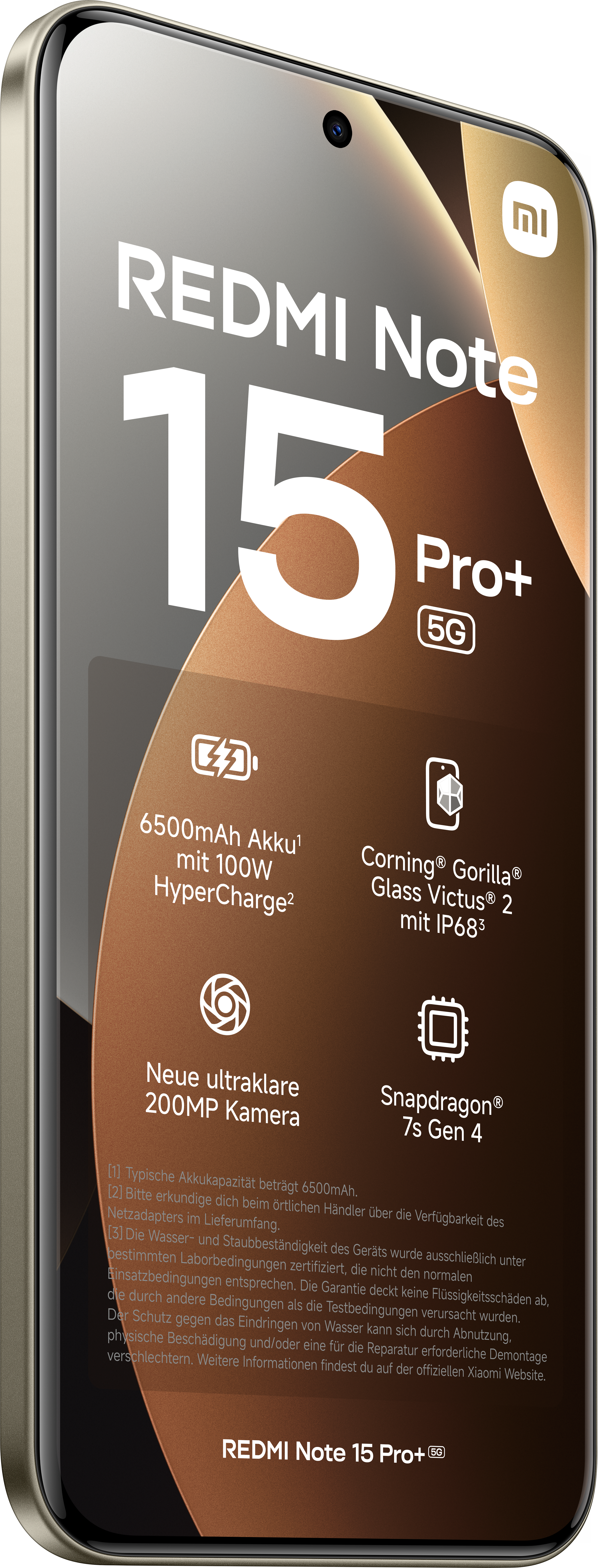 Smartphone-Display mit Redmi Note 15 Pro+ Logo. Zu den Merkmalen gehören Kamera, Akku und Prozessor.